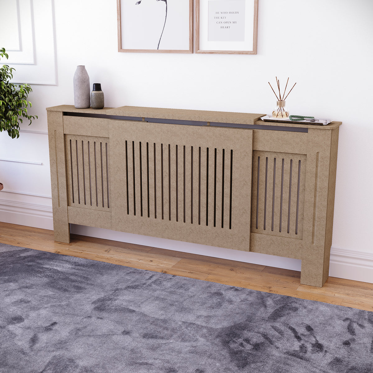Adjustable unfinished Chelsea radiator cover with decorative slatted front, ready to paint
