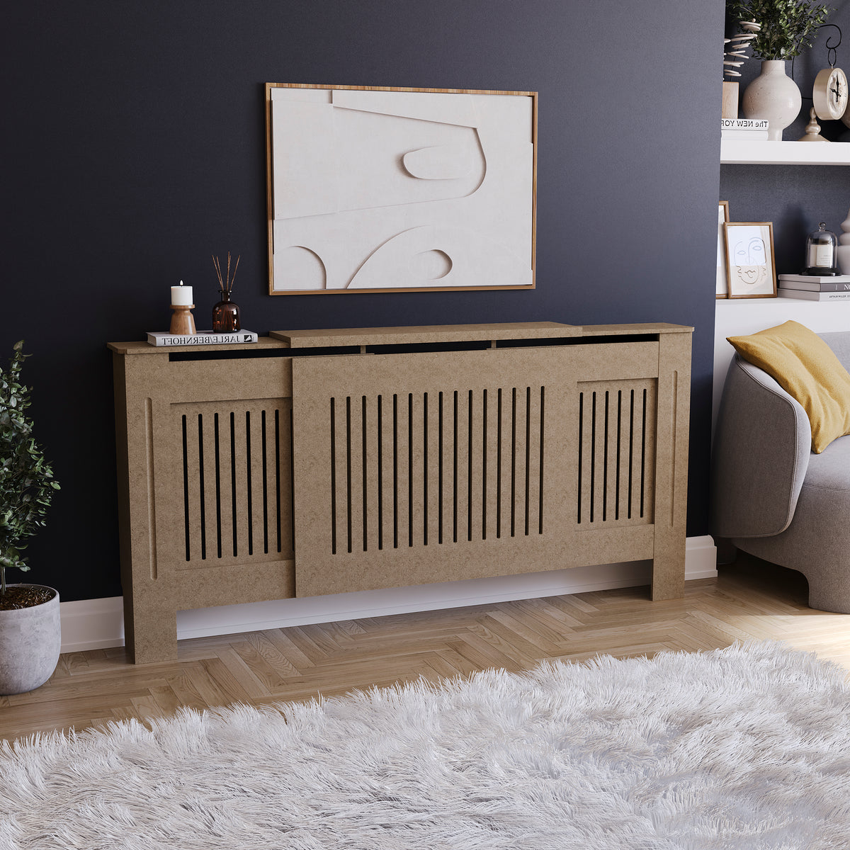 Adjustable unfinished Chelsea radiator cover with decorative slatted front, ready to paint