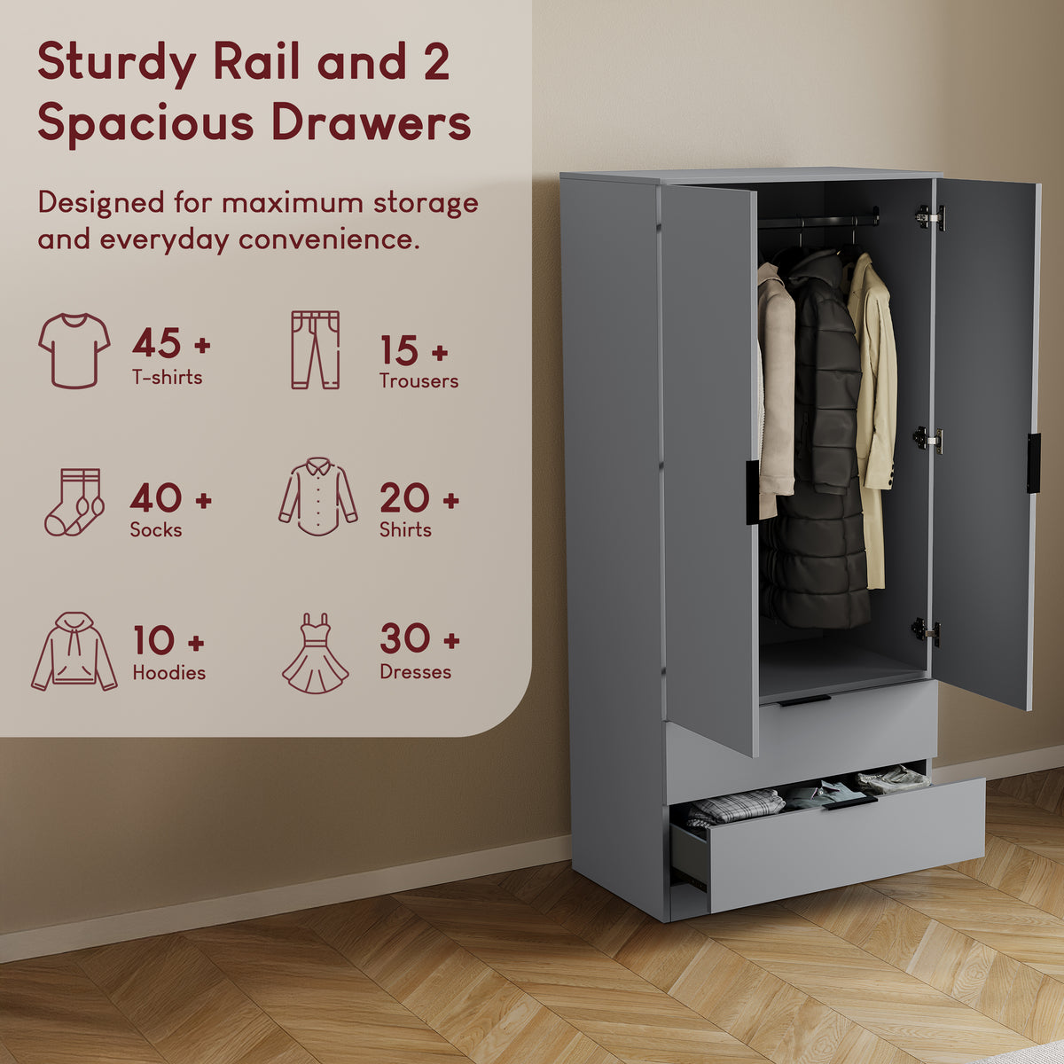Trega 2 Door 2 Drawer Wardrobe, Grey