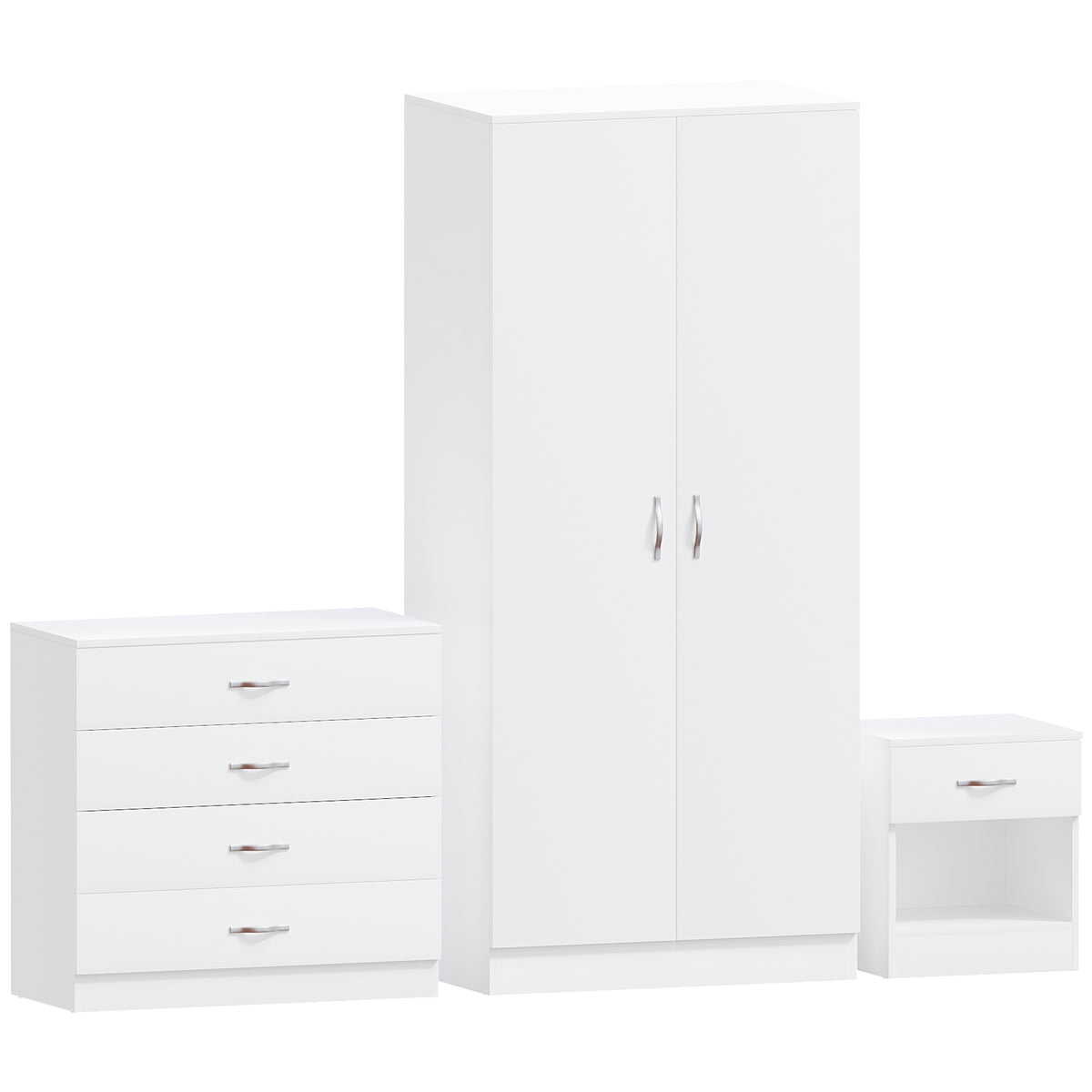 Riano White Bedroom Furniture Set with 1 Drawer Bedside, 4 Drawer Chest and 2 Door Wardrobe