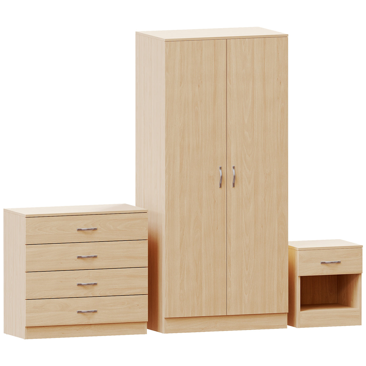 Riano Pine Bedroom Furniture Set with 1 Drawer Bedside, 4 Drawer Chest and 2 Door Wardrobe