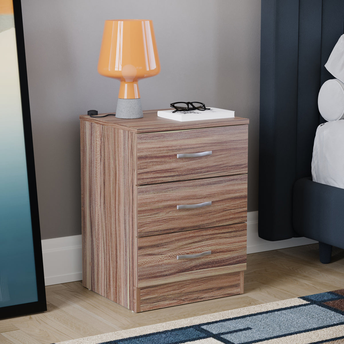 Riano 3-Drawer Bedside Chest - Walnut