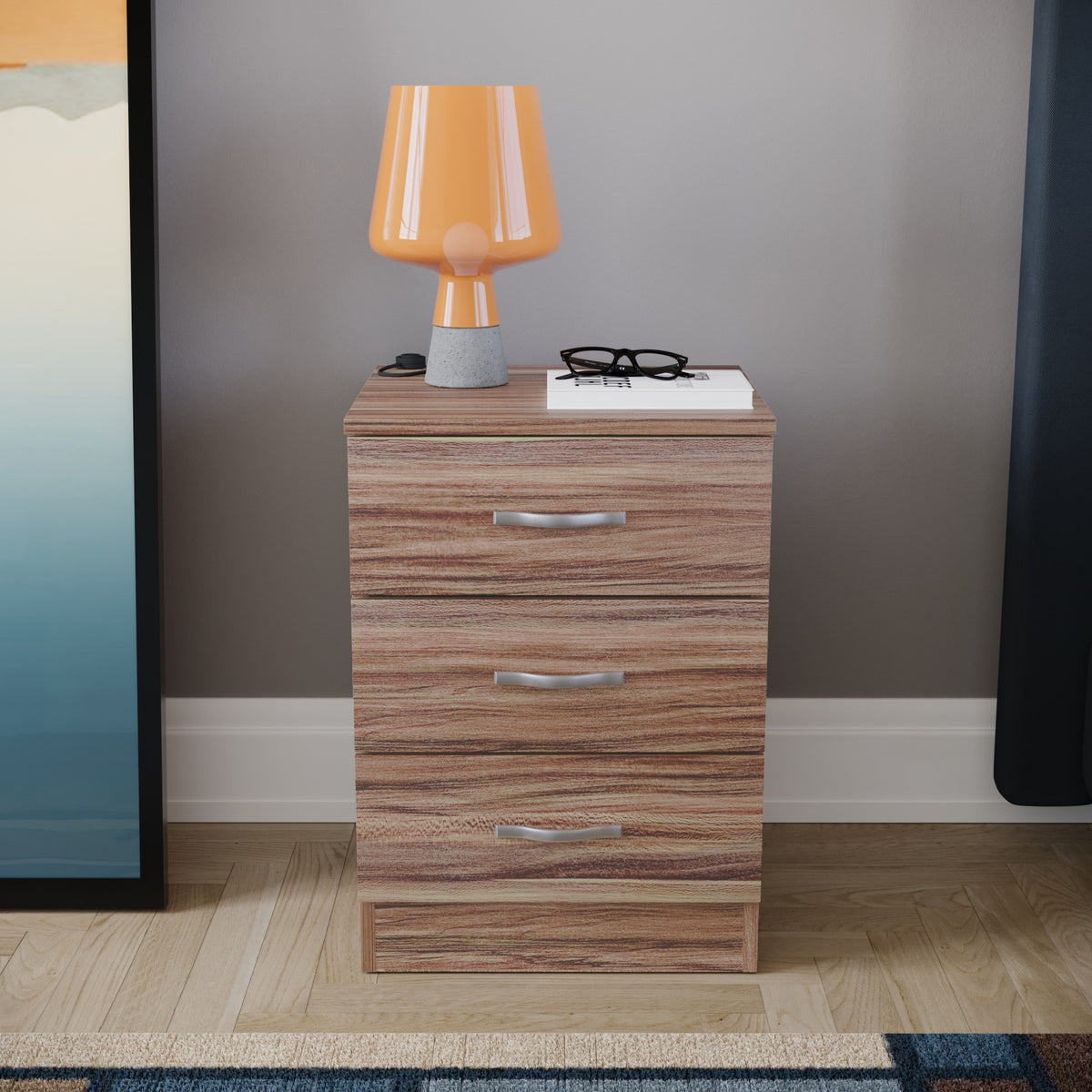 Riano 3-Drawer Bedside Chest - Walnut