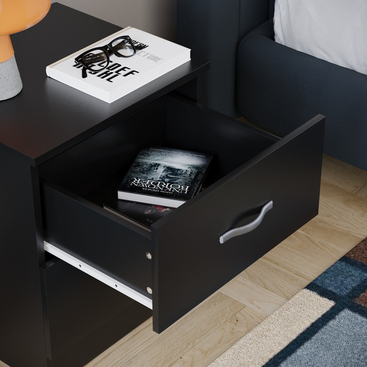 Riano 2 Drawer Bedside Chest Black Bedroom Storage Unit
