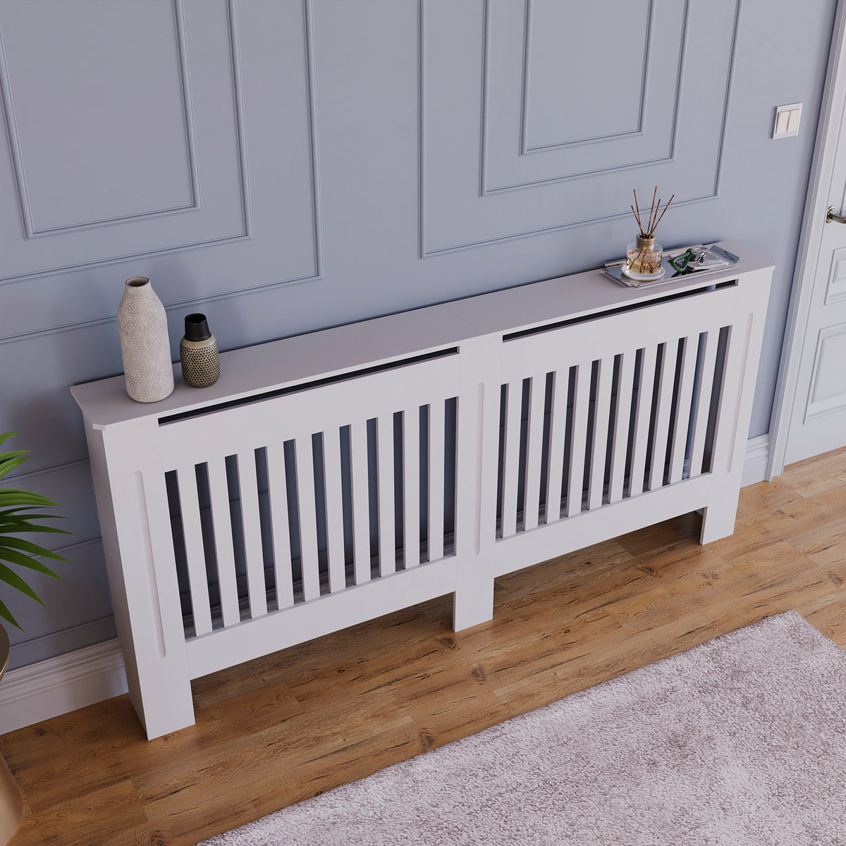 Extra Large White Chelsea radiator cover with decorative slatted front.