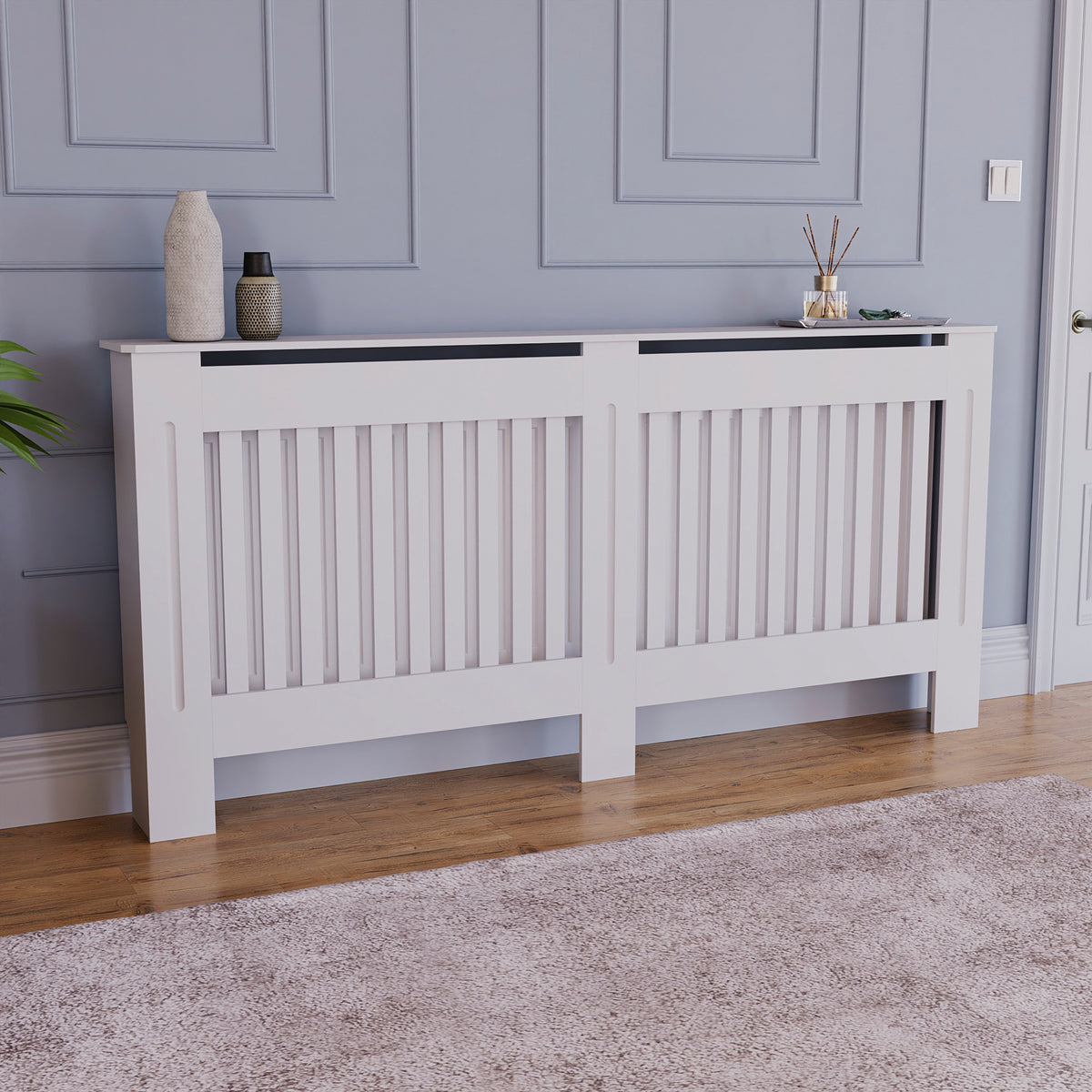 Extra Large White Chelsea radiator cover with decorative slatted front.
