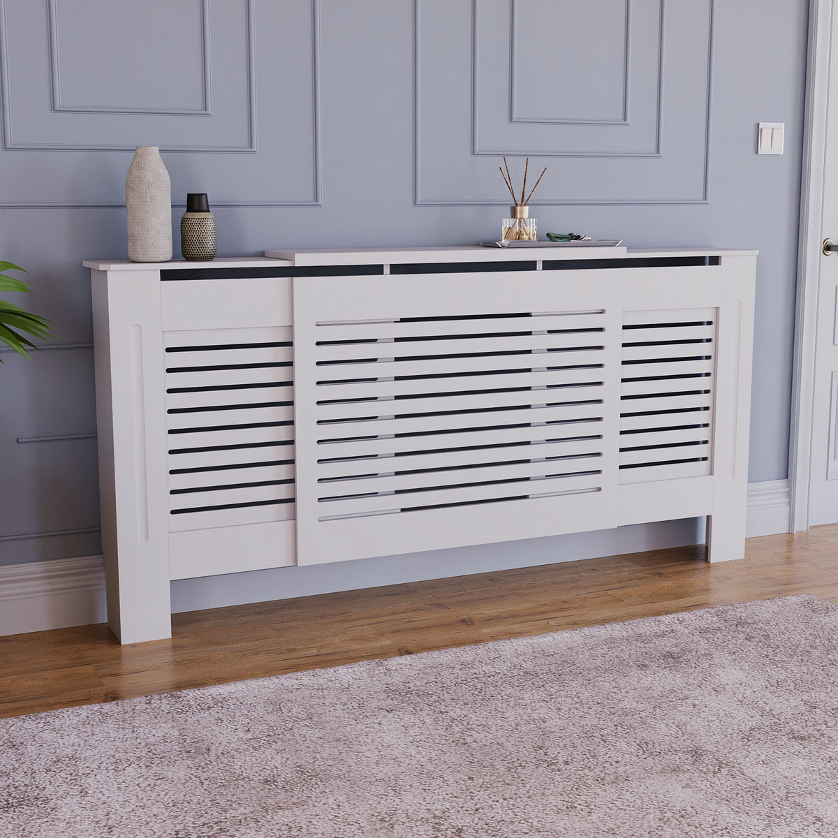 Milton Radiator Cover - White, Adjustable, Horizontal Grille Design