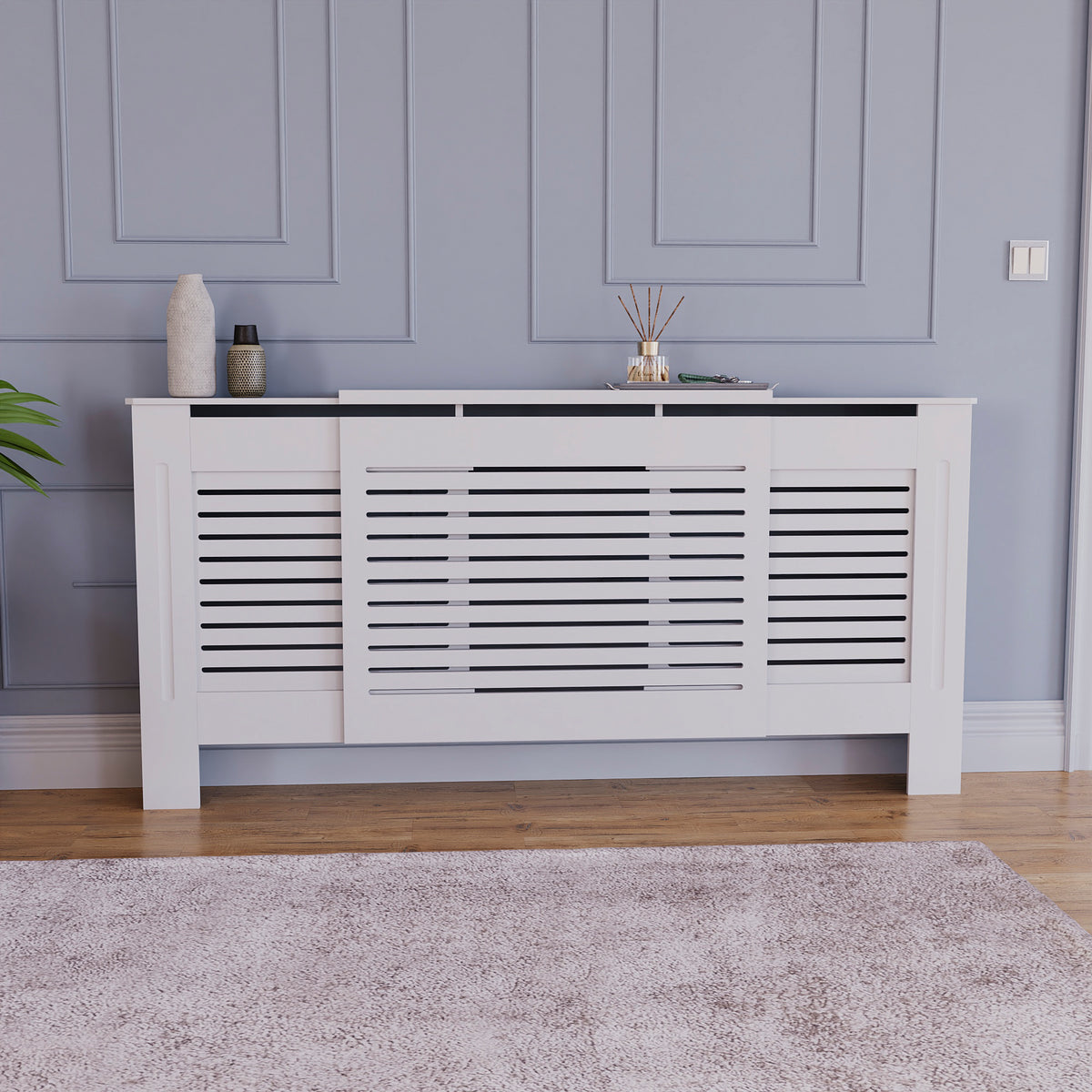 Milton Radiator Cover - White, Adjustable, Horizontal Grille Design
