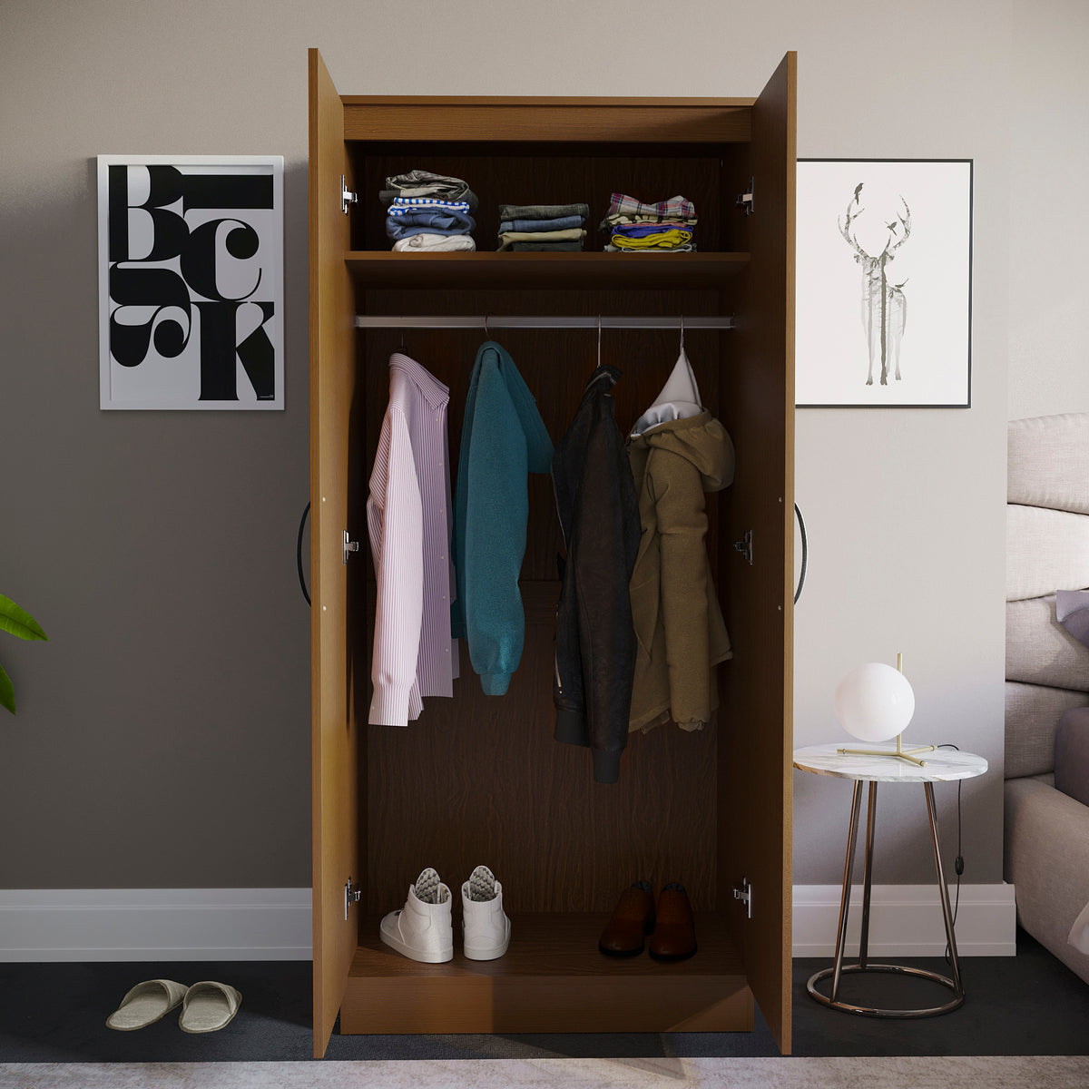 Hulio 2-Door Wardrobe - Walnut & White