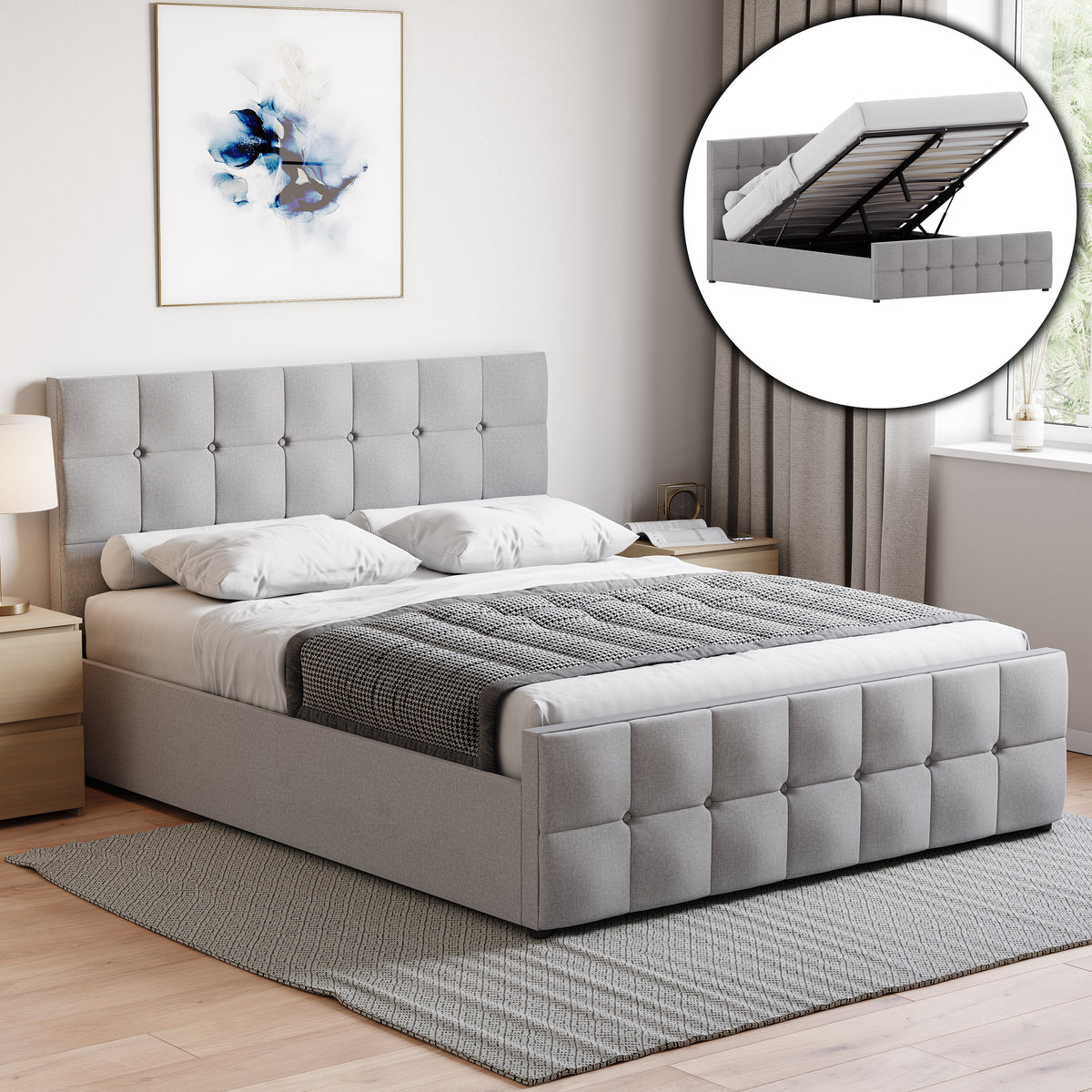 Valentina King Size Linen Ottoman Bed, Light Grey upholstered ottoman bed with lift-up storage