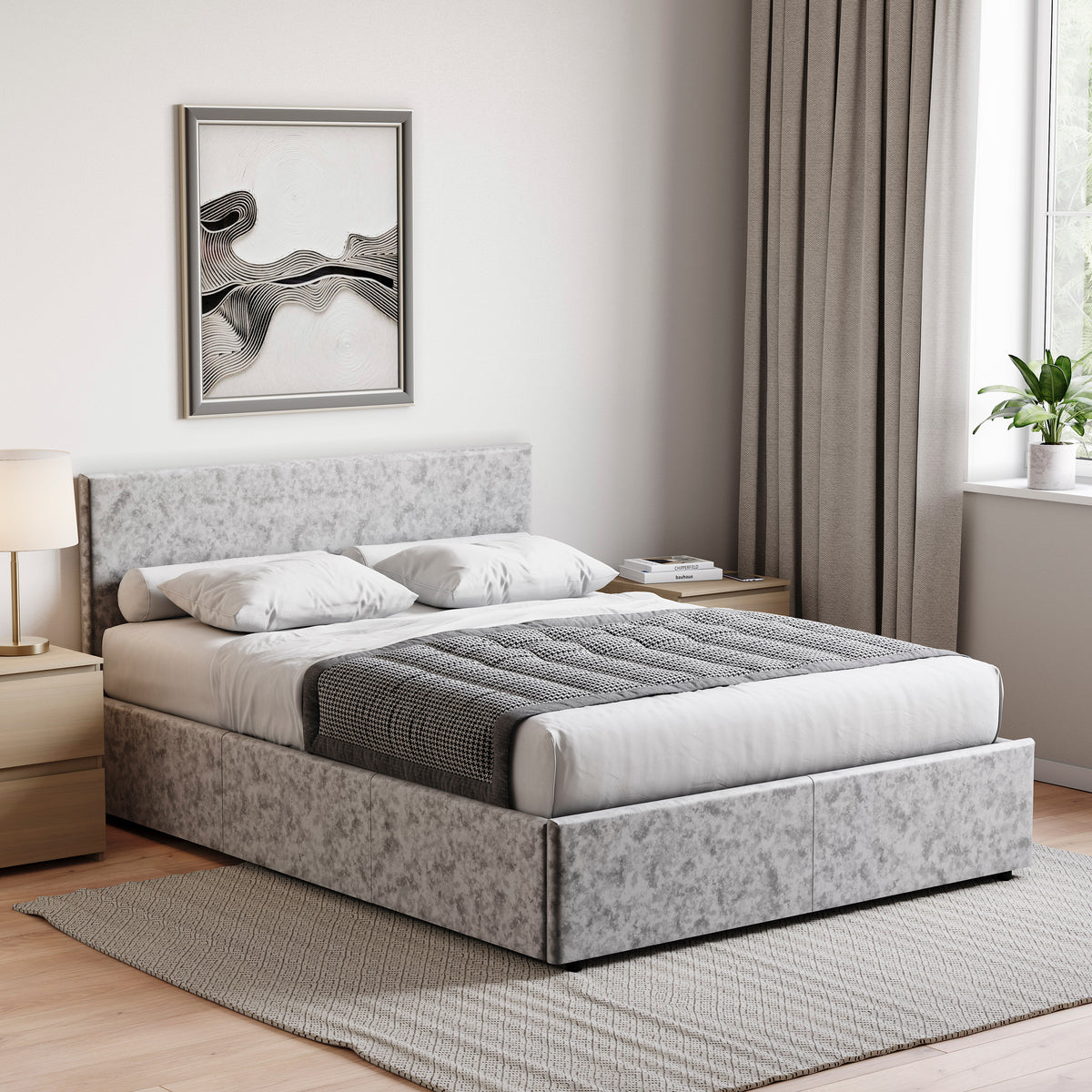 Veronica Double Velvet Ottoman Bed, Silver UKFR