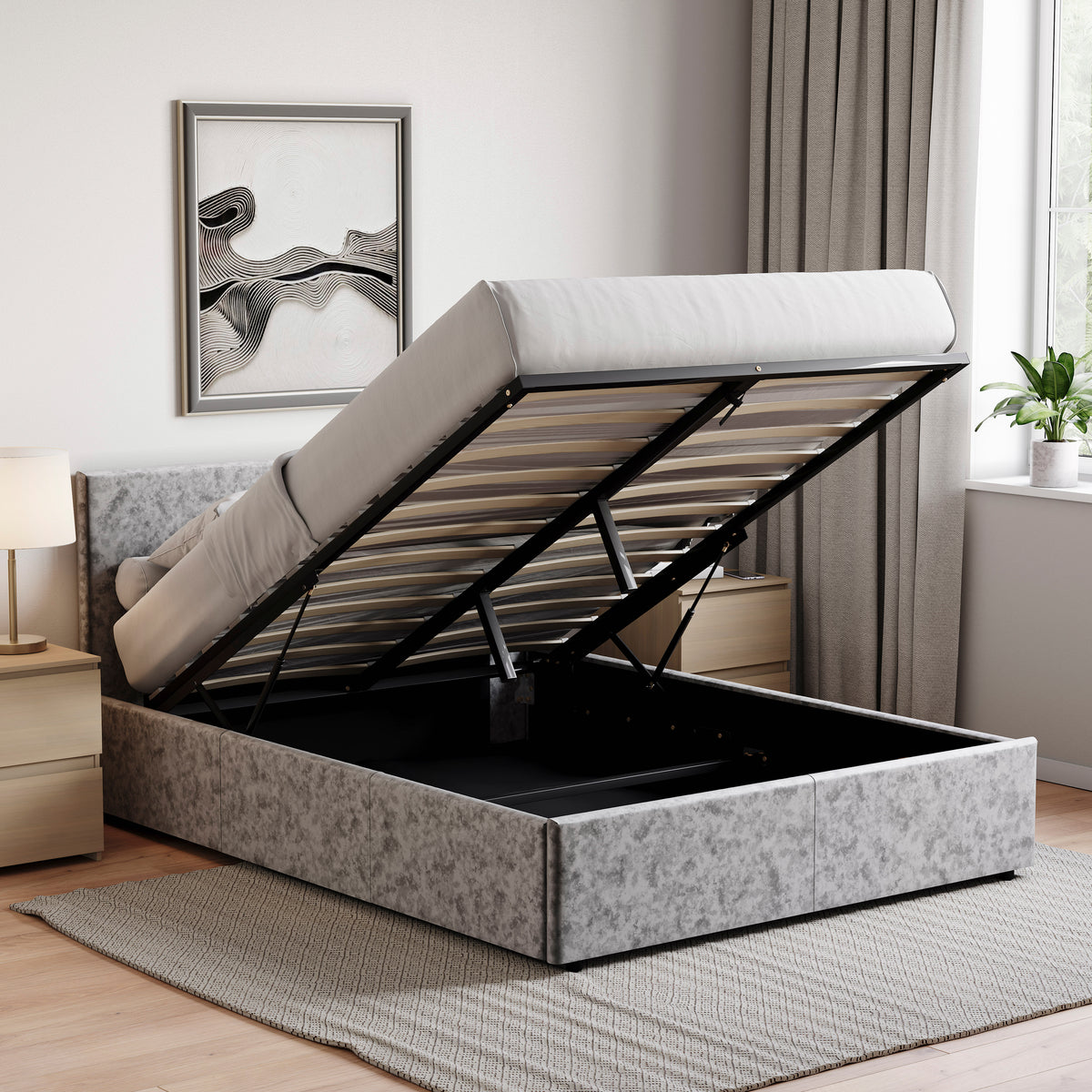 Veronica Double Velvet Ottoman Bed, Silver UKFR