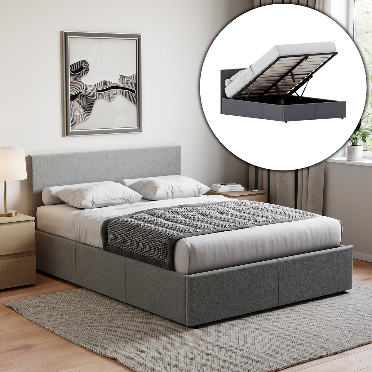 Veronica Double Linen Ottoman Bed, Light Grey UKFR