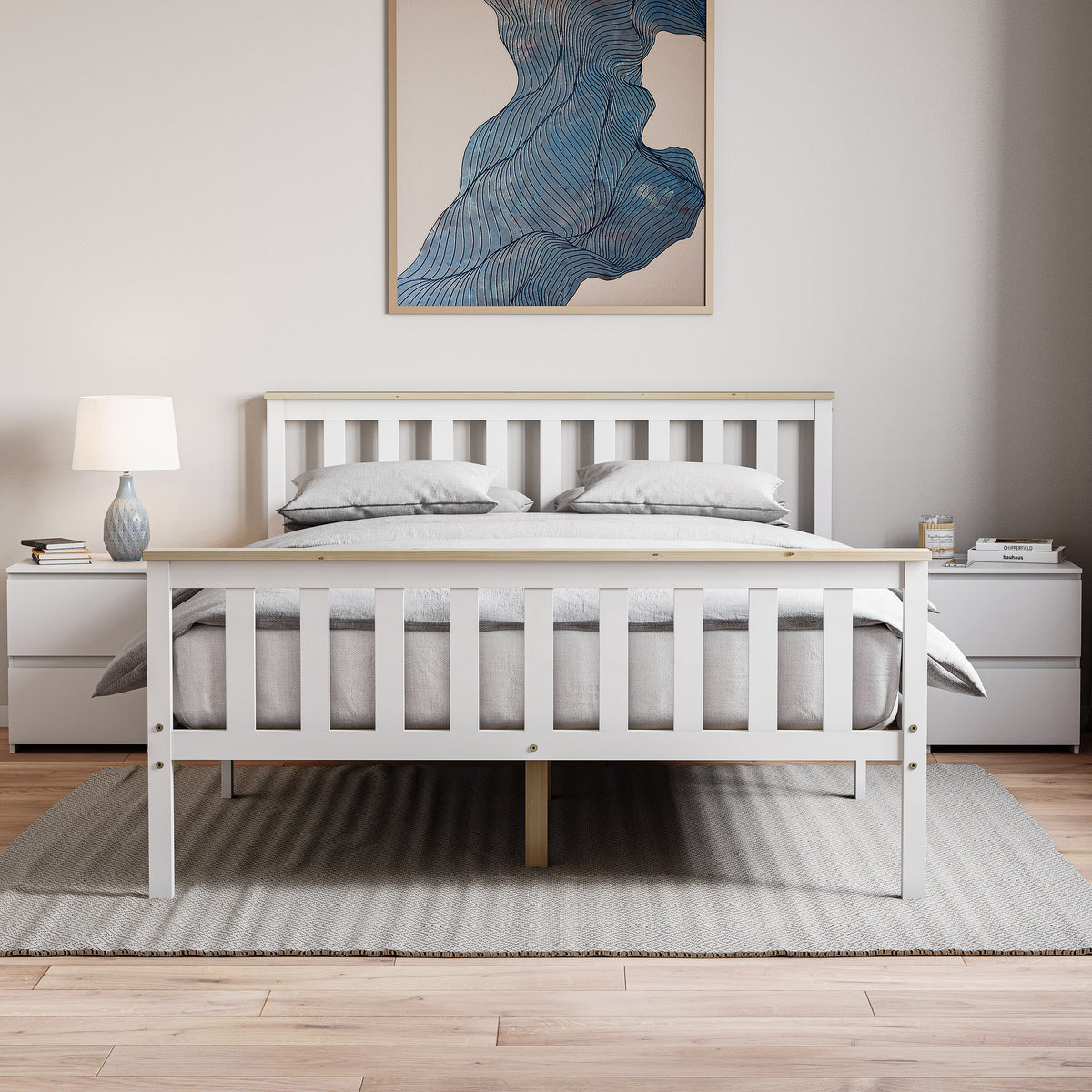 Milan Double Wooden Bed, High Foot, White & Pine