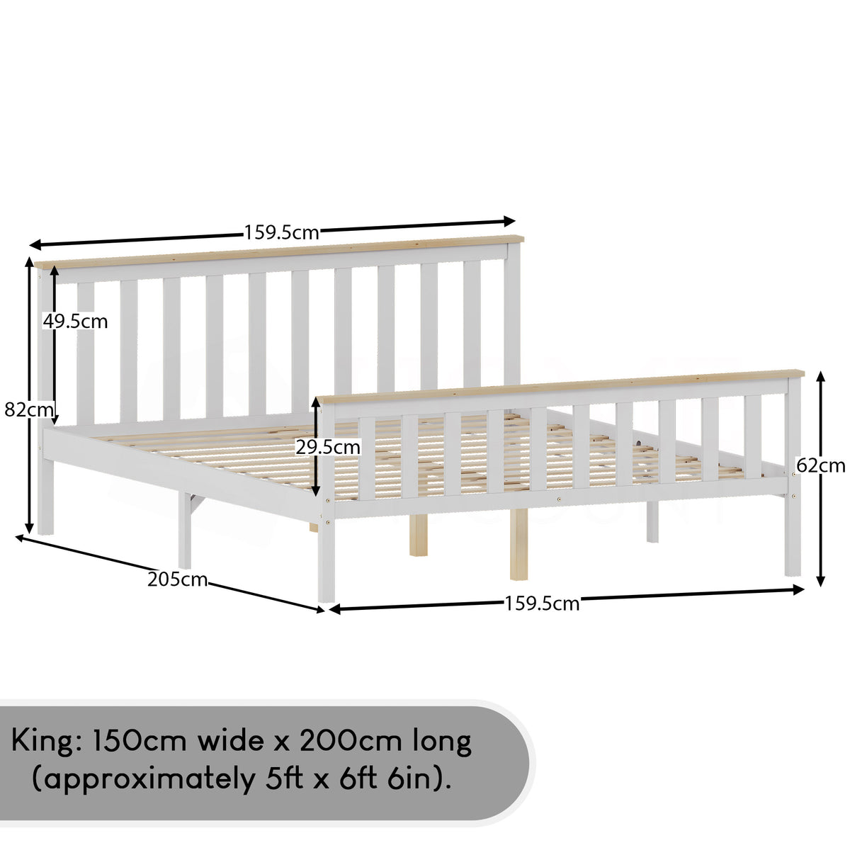 Milan King Size Wooden Bed, High Foot, White & Pine