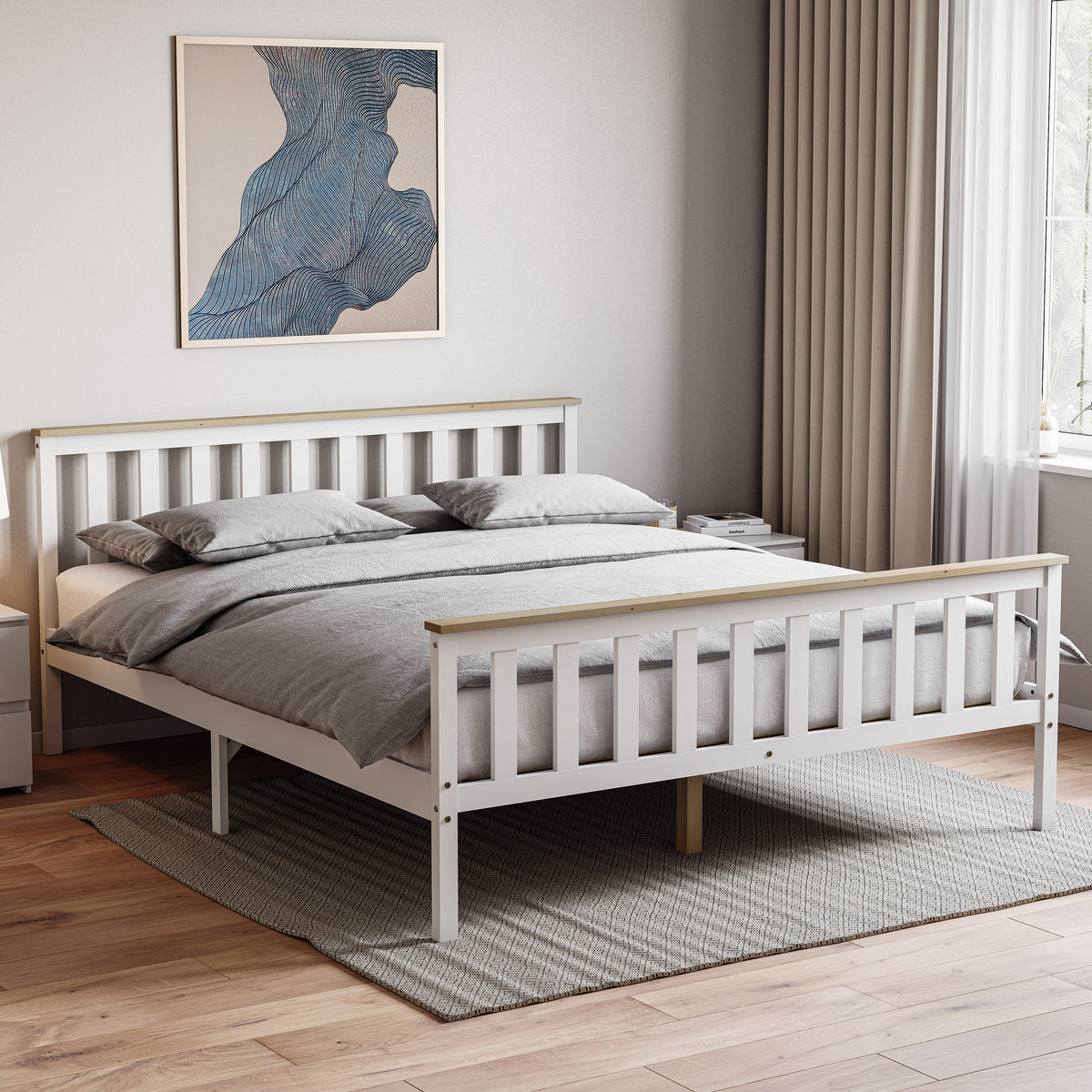Milan King Size Wooden Bed, High Foot, White & Pine