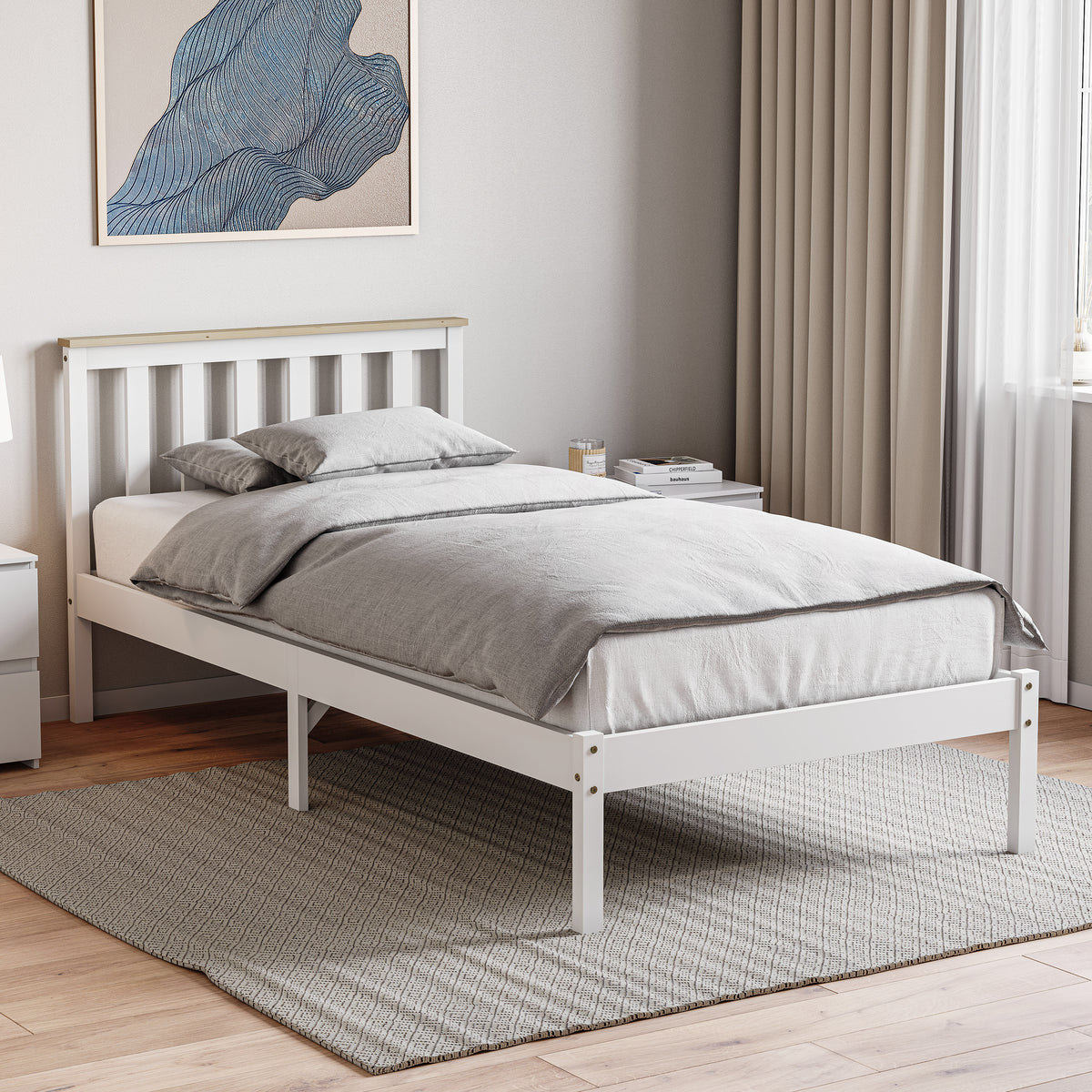 Milan Single Wooden Bed, Low Foot, White & Pine