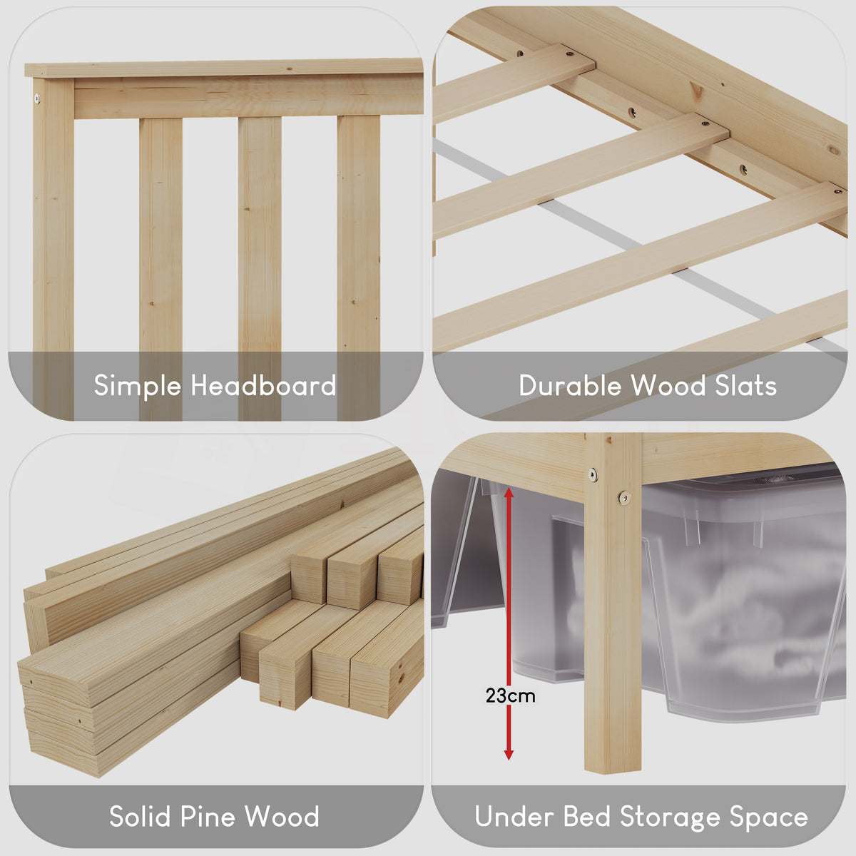 Milan Single Wooden Bed, Low Foot, Pine