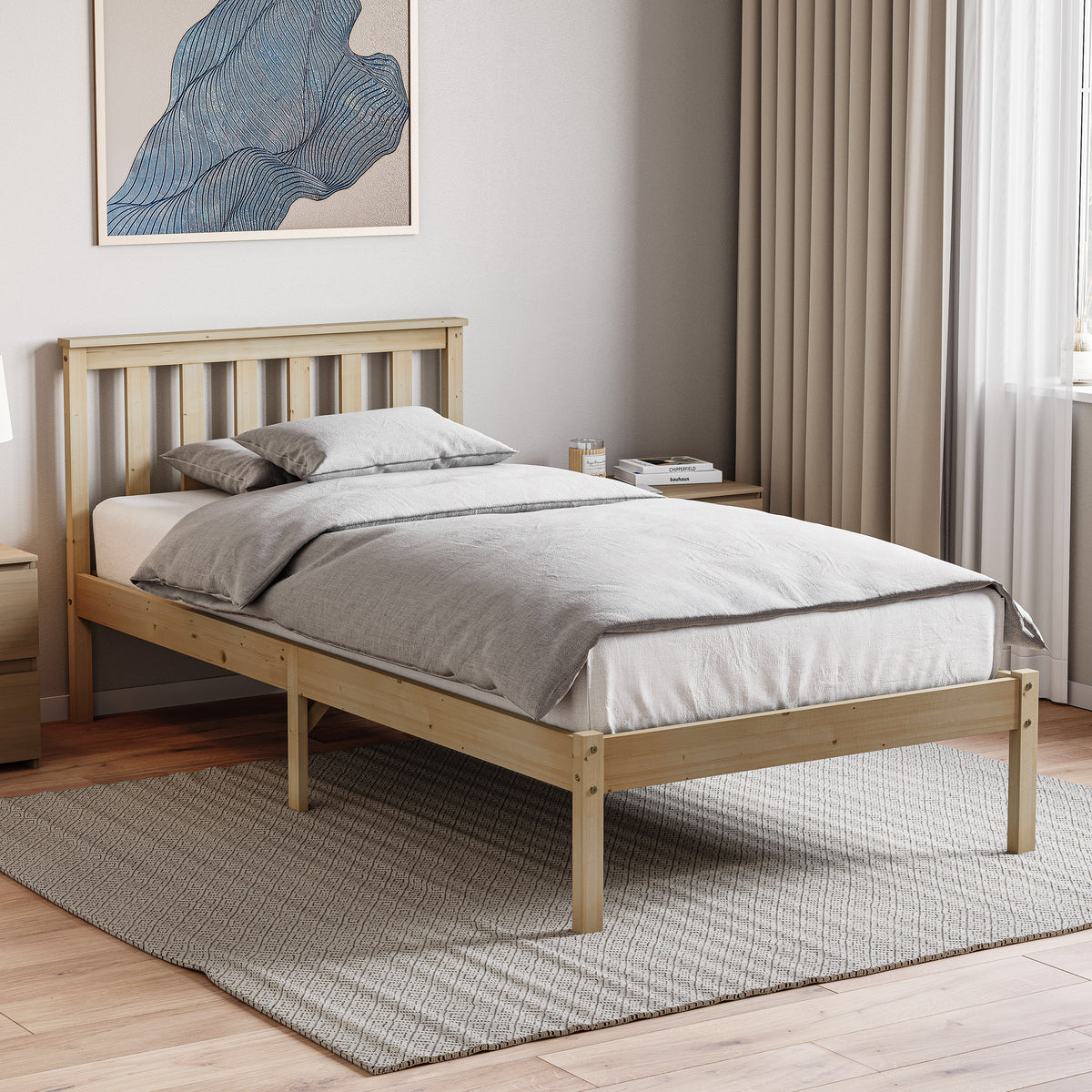 Milan Single Wooden Bed, Low Foot, Pine