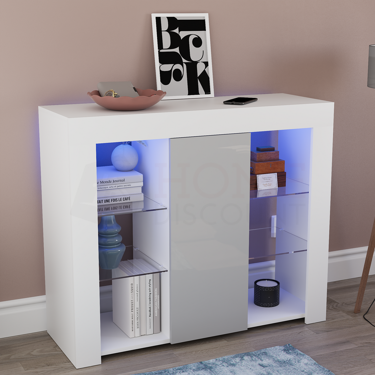 Azura 1-Door Large LED Sideboard - White & Grey
