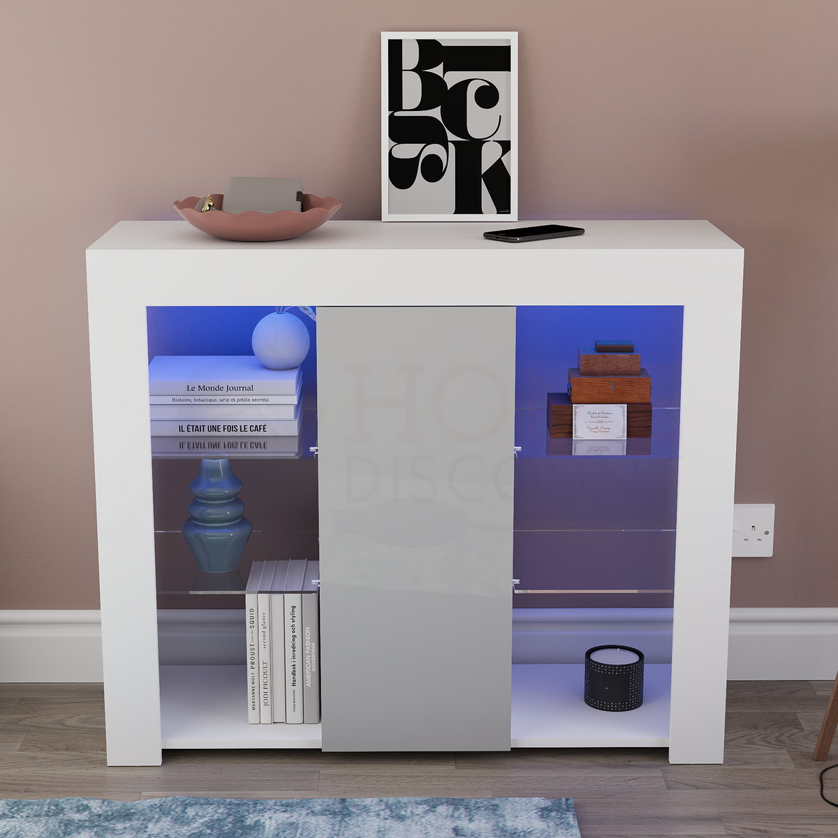 Azura 1-Door Large LED Sideboard - White & Grey