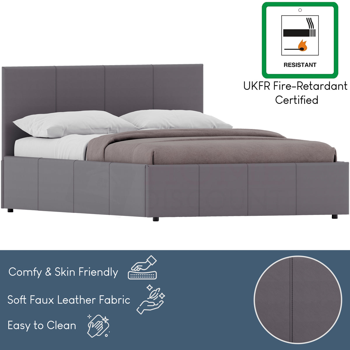 Lisbon Double Ottoman Faux Leather Bed, Grey UKFR