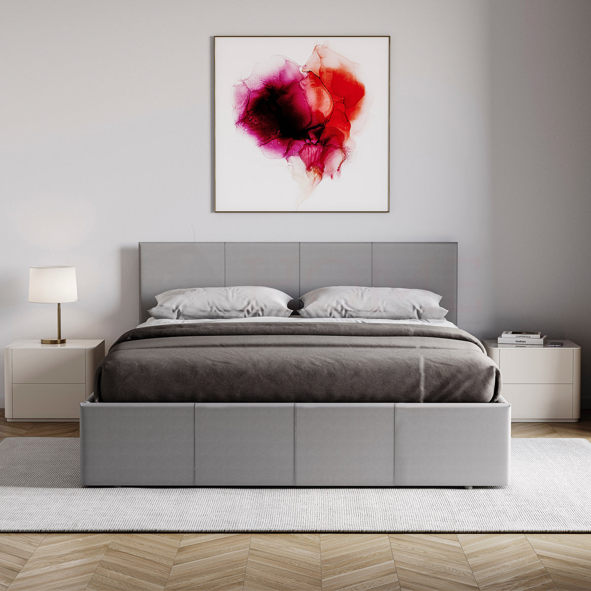 Lisbon Double Ottoman Faux Leather Bed, Grey UKFR
