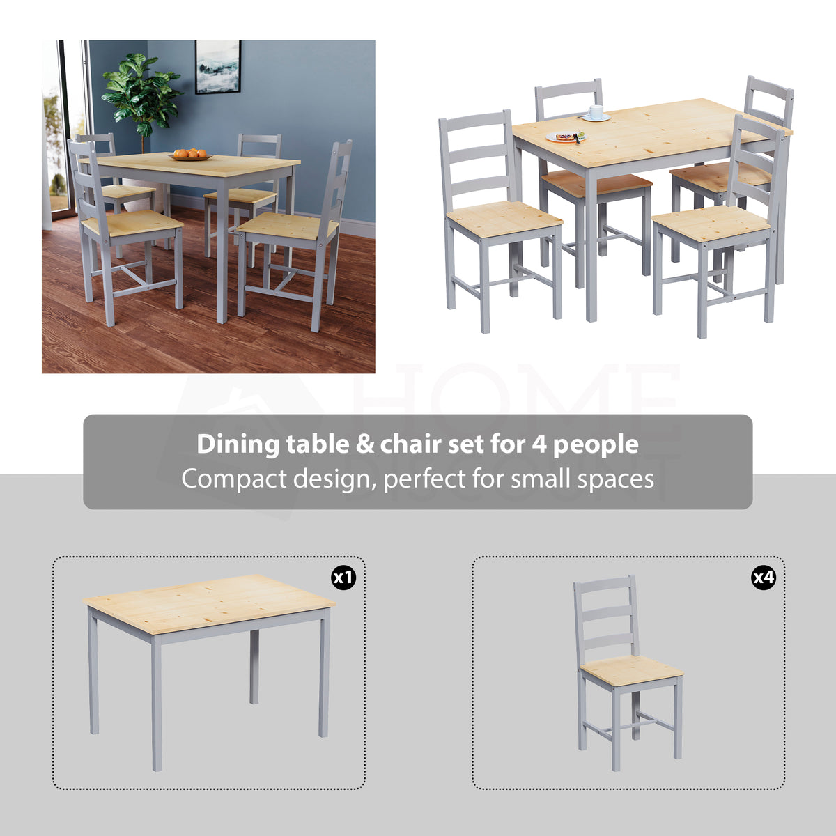 Yorkshire 4-Seater Dining Set - Grey & Pine
