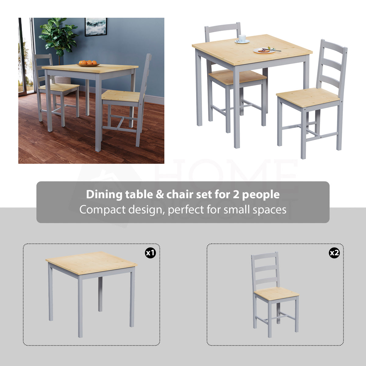Yorkshire 2-Seater Dining Set - Grey & Pine