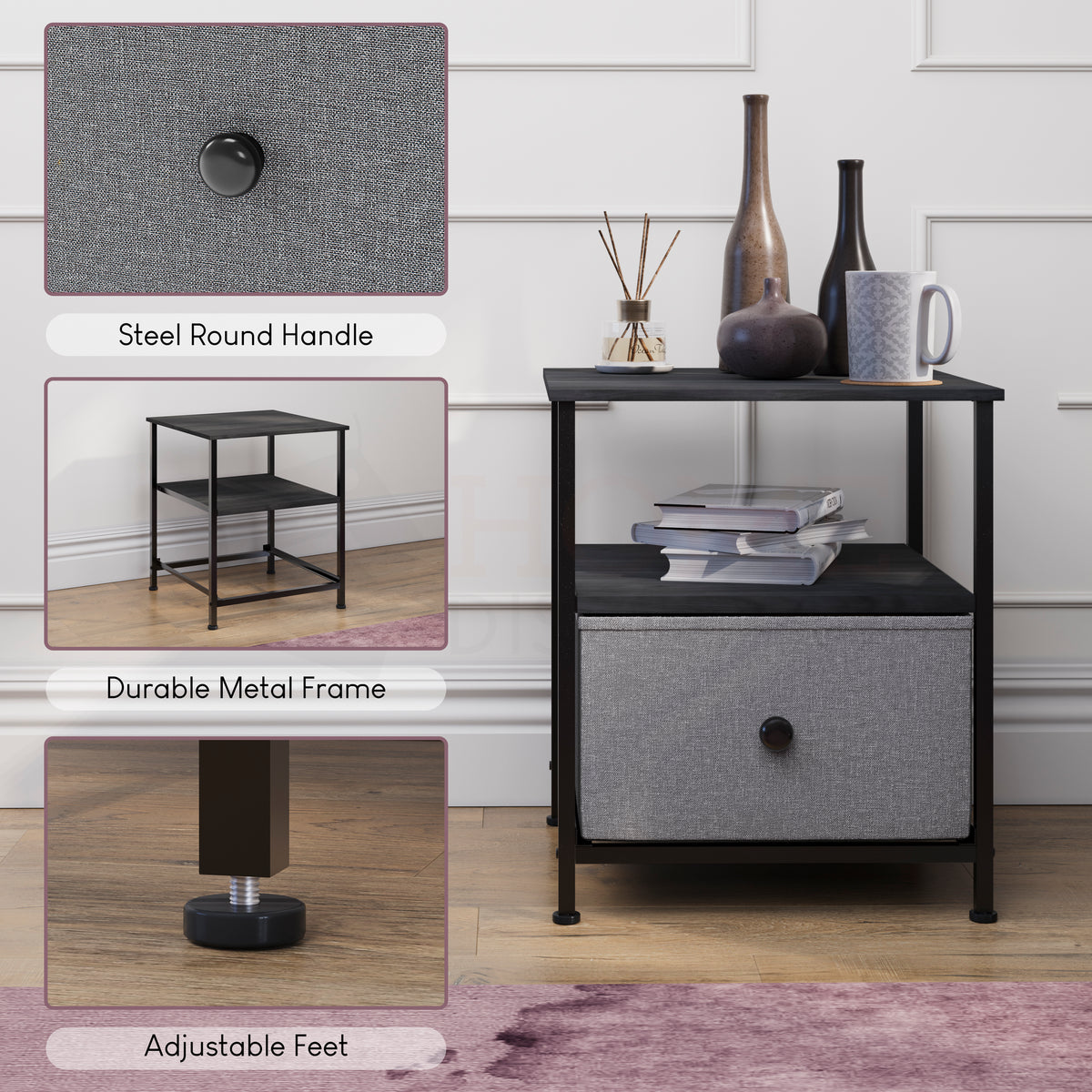 Chorley 1 Drawer Fabric Drawer Chest, Grey & Black