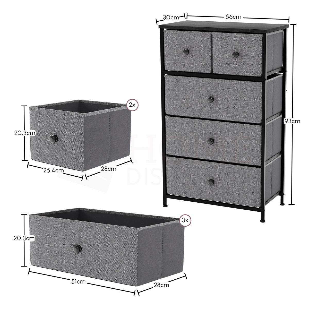 Chorley 5 Drawer Fabric Drawer Chest, Grey & Black