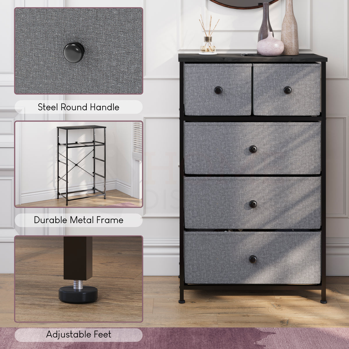 Chorley 5 Drawer Fabric Drawer Chest, Grey & Black
