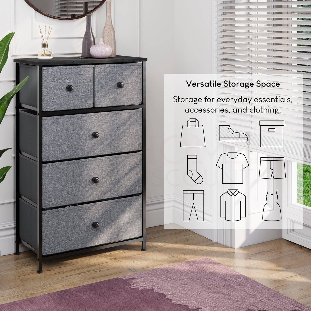 Chorley 5 Drawer Fabric Drawer Chest, Grey & Black