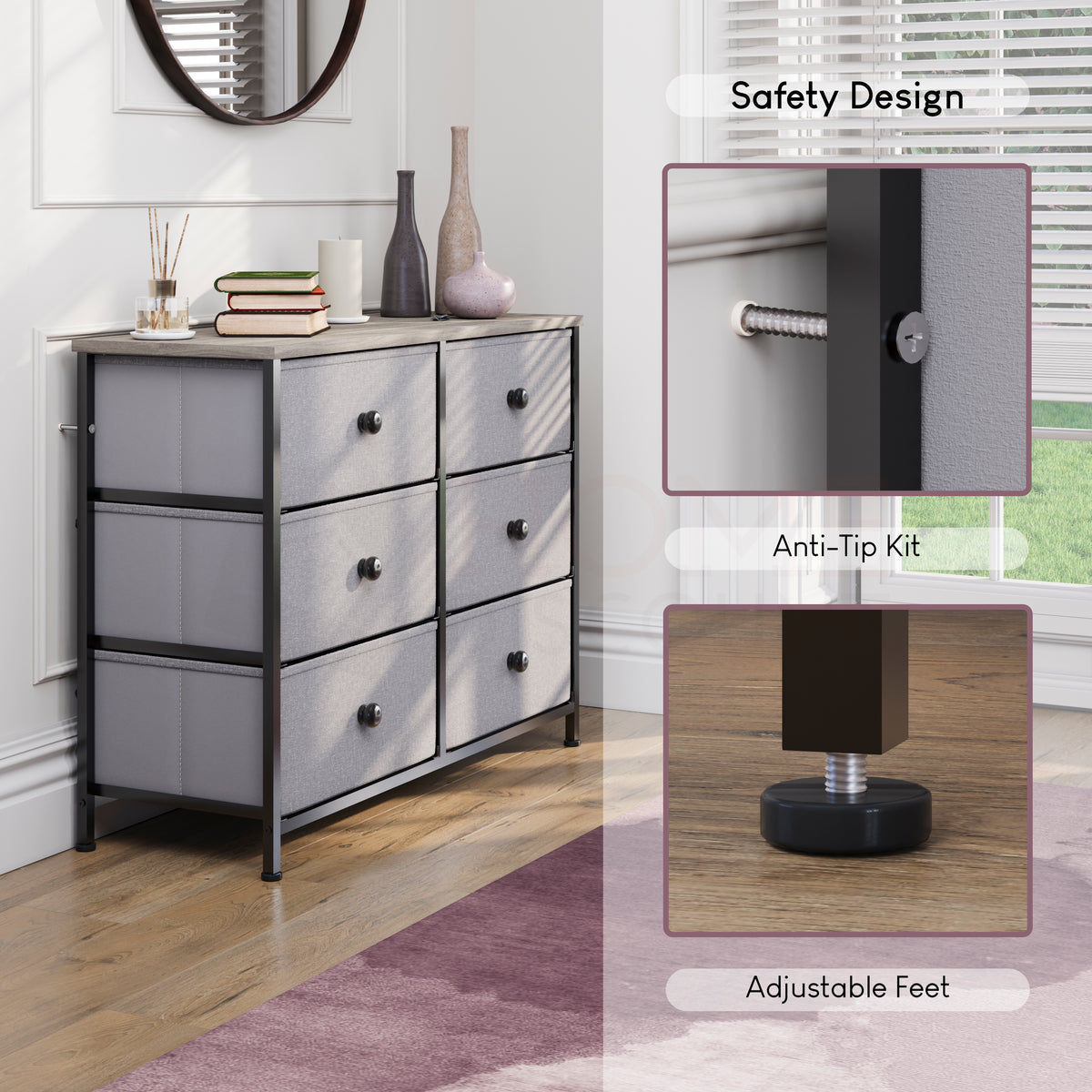Chorley 6 Drawer Fabric Drawer Chest, Beige & Grey Wood