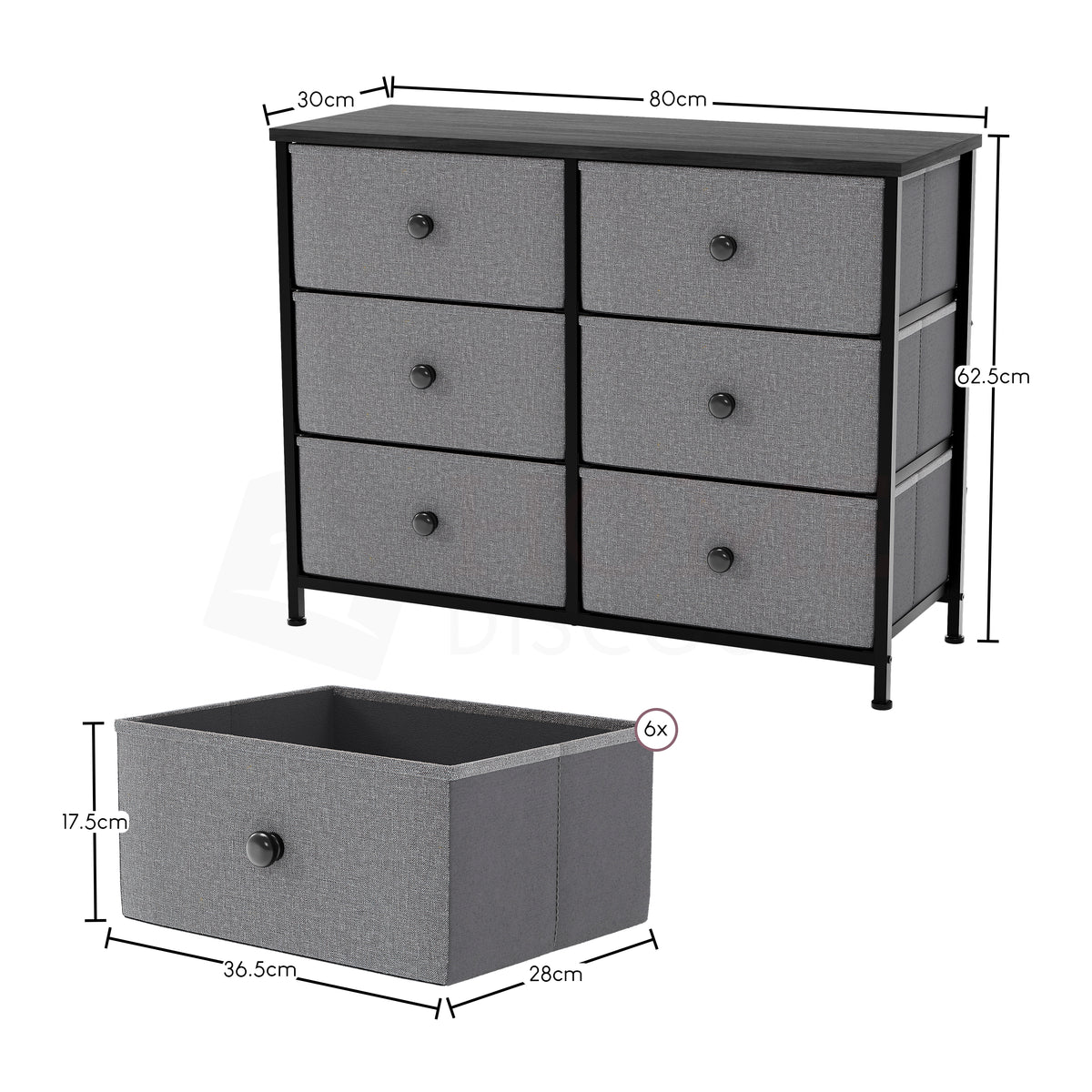 Chorley 6 Drawer Fabric Drawer Chest, Grey & Black