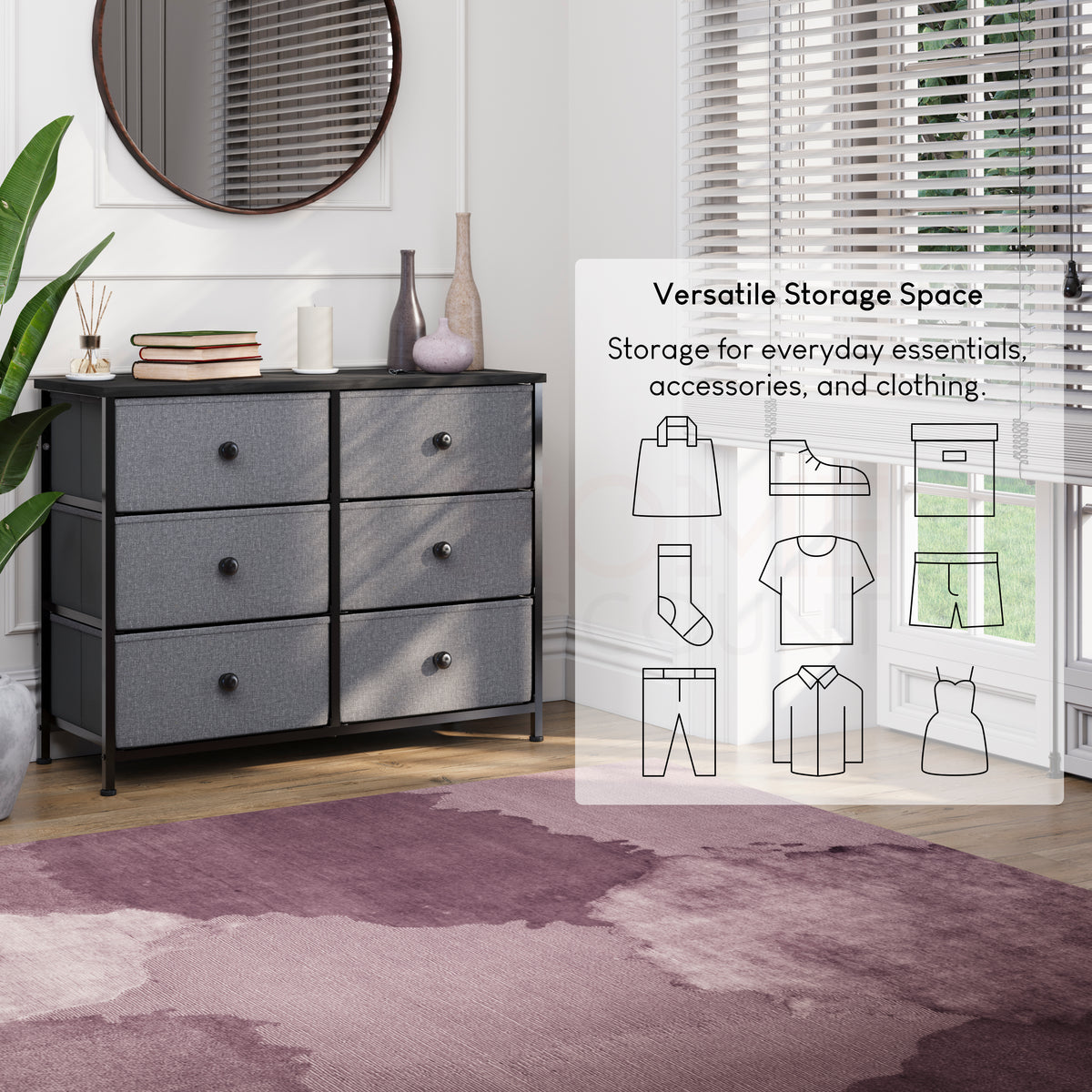 Chorley 6 Drawer Fabric Drawer Chest, Grey & Black
