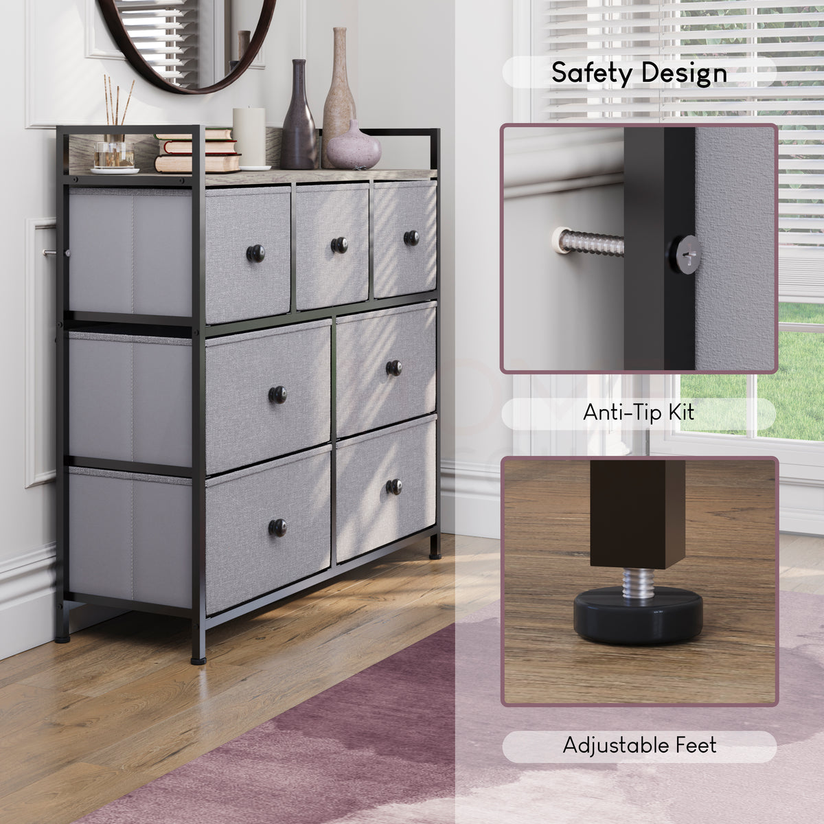 Chorley 7 Drawer Fabric Drawer Chest, Beige & Grey Wood