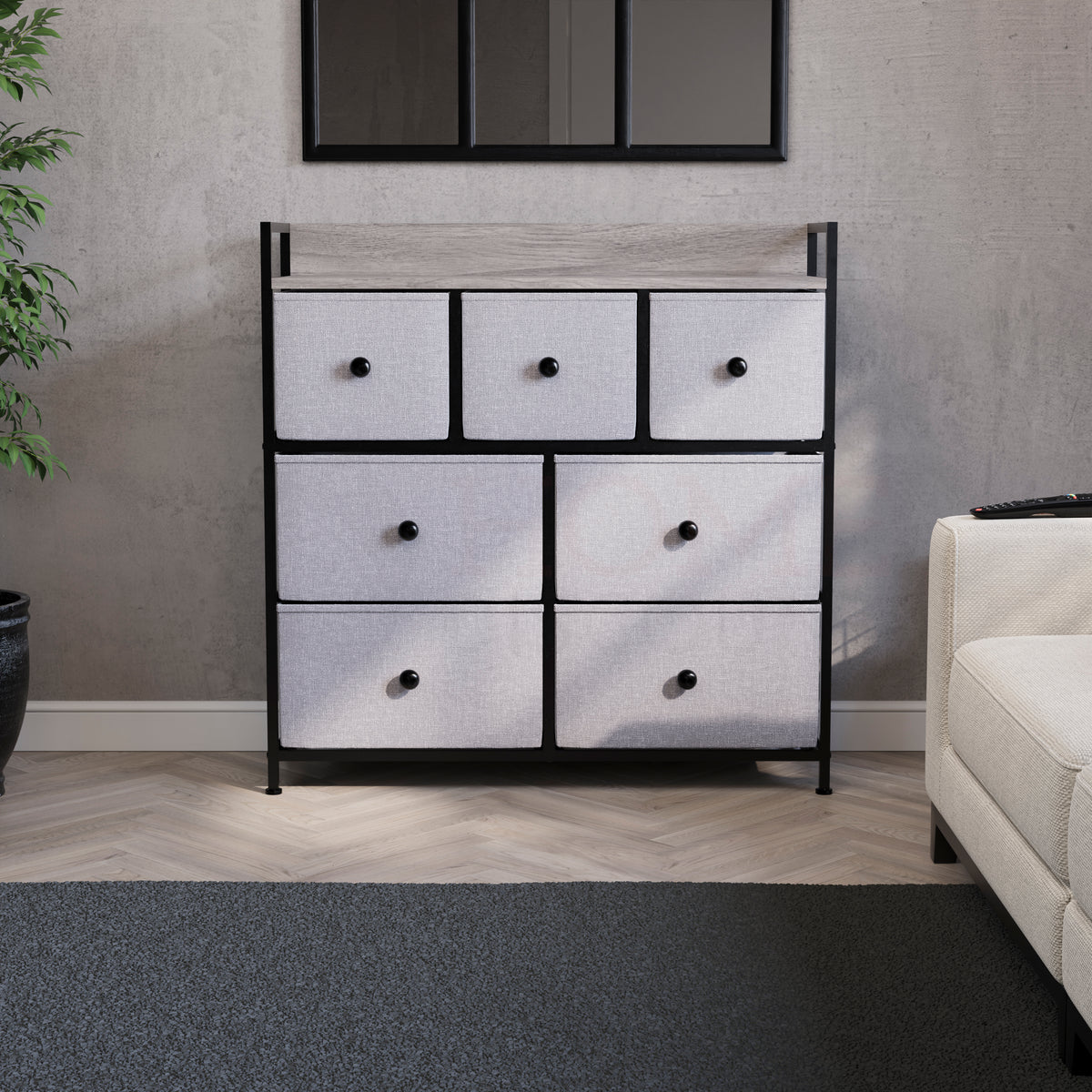 Chorley 7 Drawer Fabric Drawer Chest, Beige & Grey Wood