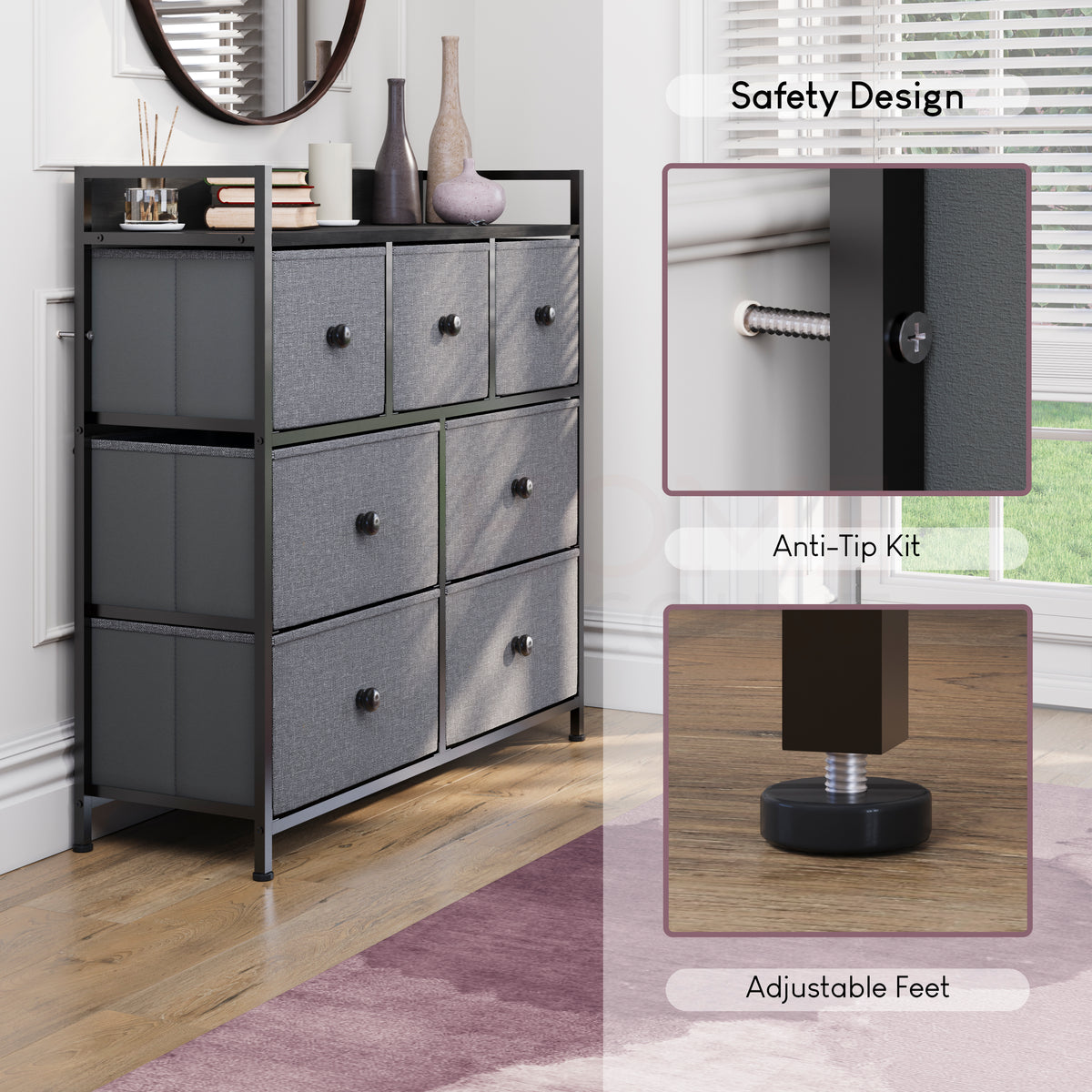 Chorley 7 Drawer Fabric Drawer Chest, Grey & Black