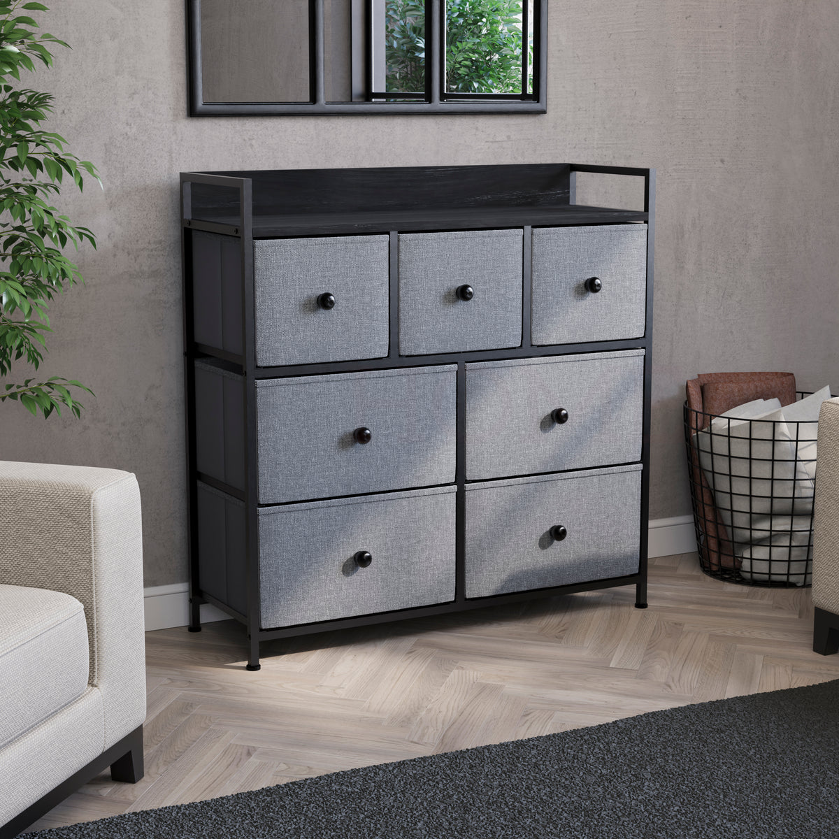 Chorley 7 Drawer Fabric Drawer Chest, Grey & Black