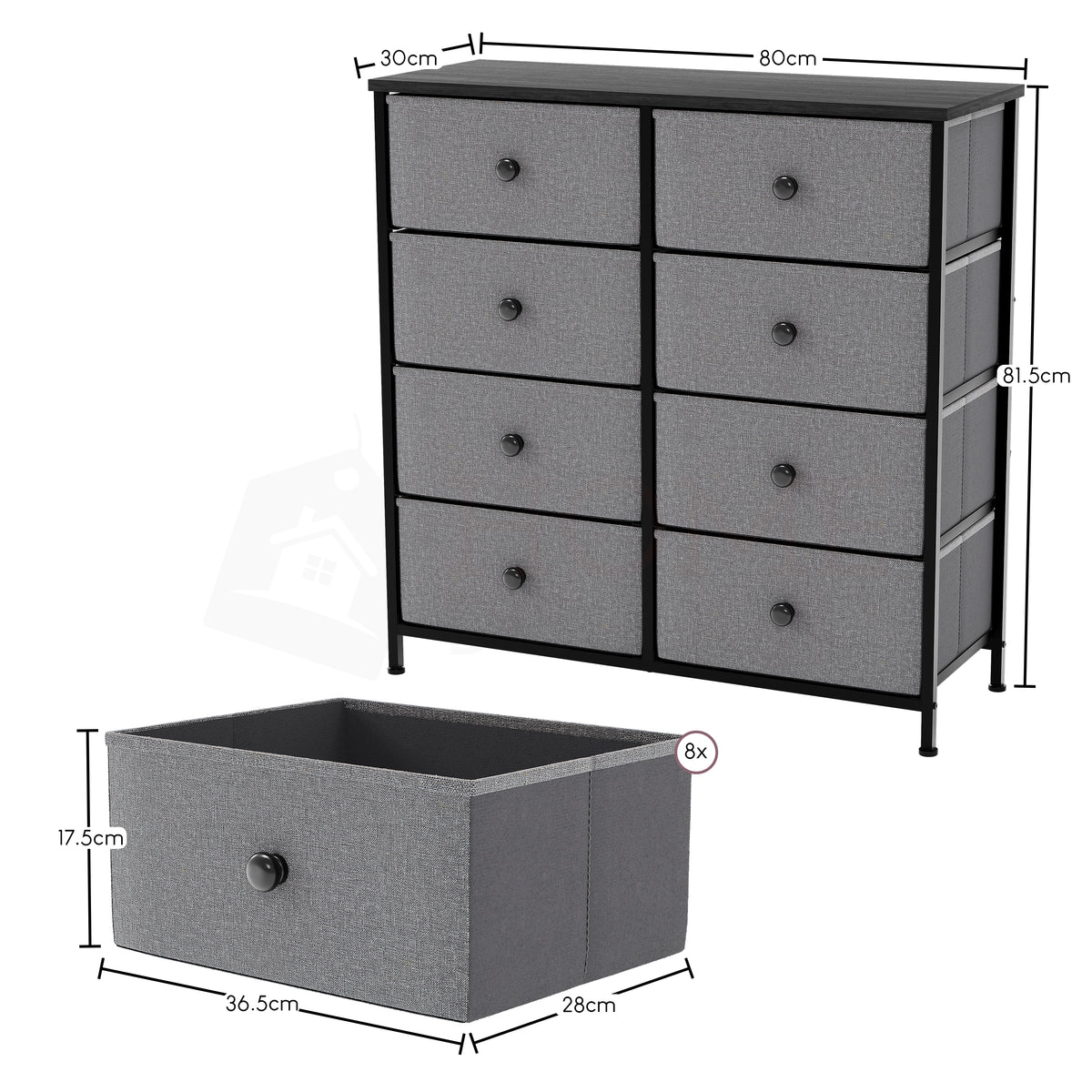 Chorley 8 Drawer Fabric Drawer Chest, Grey & Black