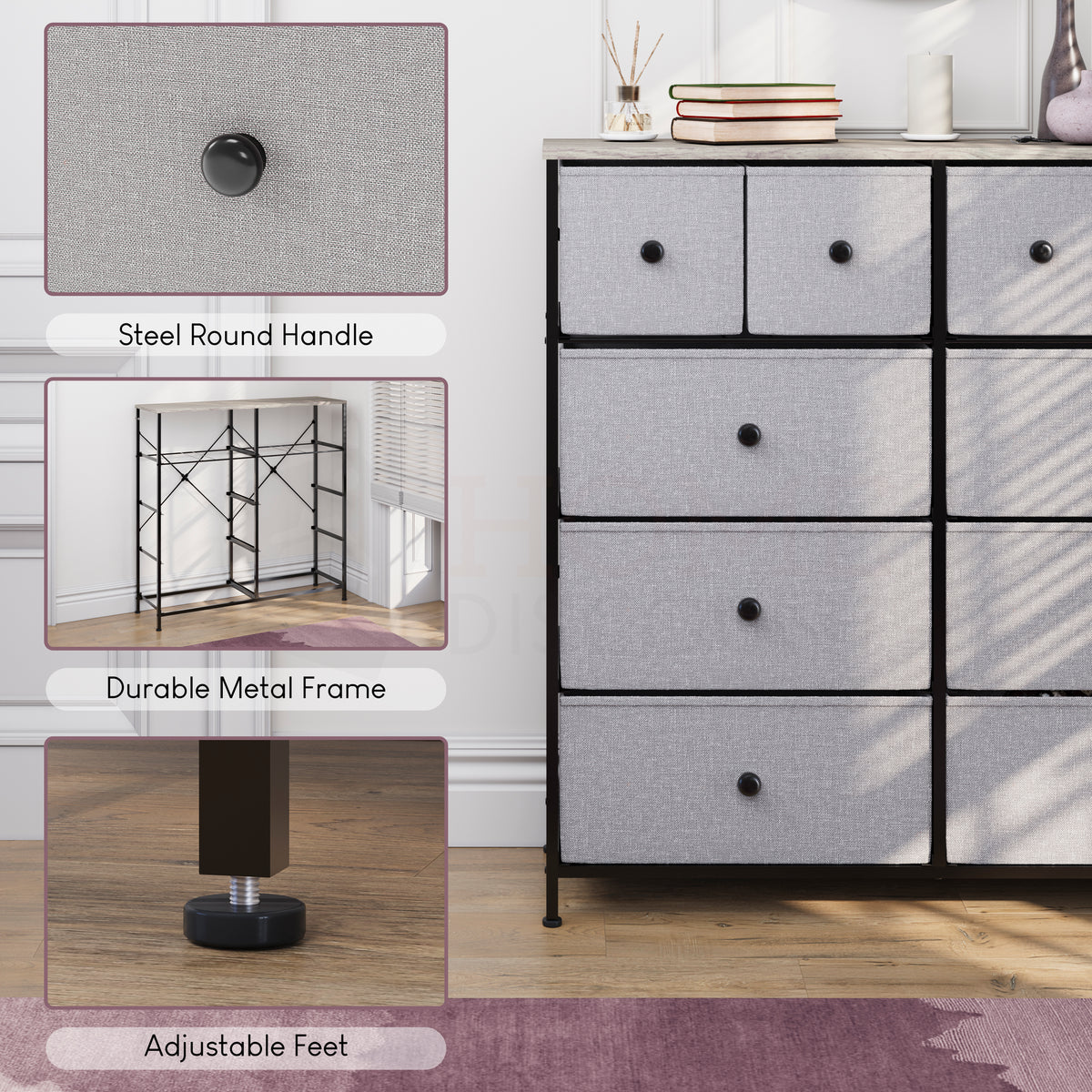 Chorley 10 Drawer Fabric Drawer Chest, Beige & Grey Wood
