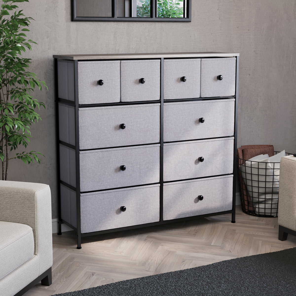 Chorley 10 Drawer Fabric Drawer Chest, Beige & Grey Wood