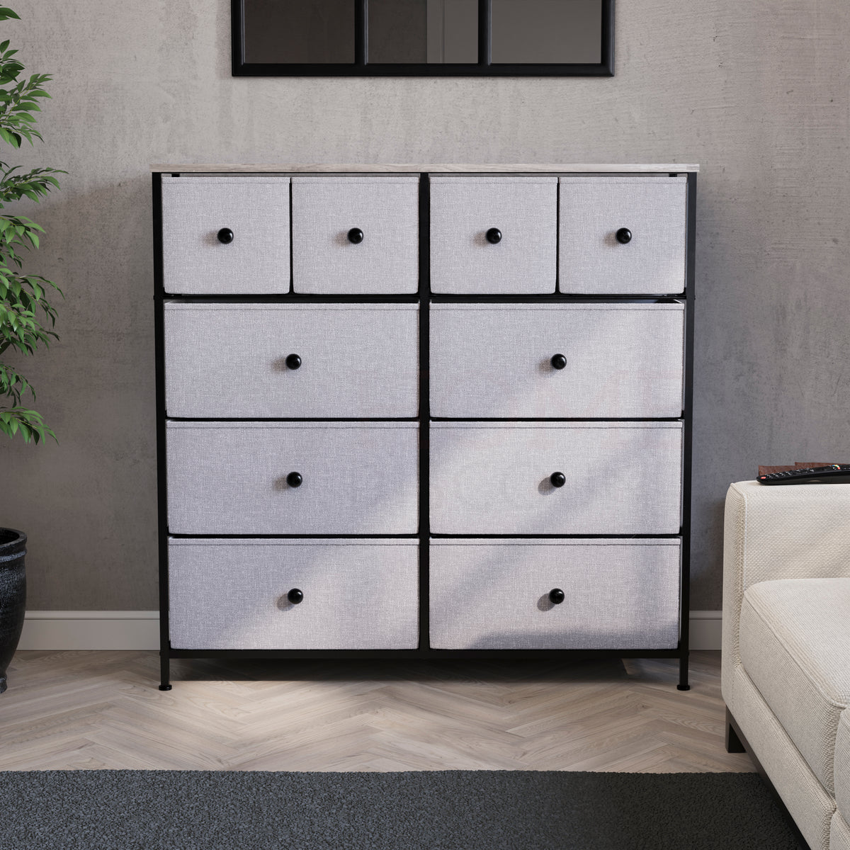 Chorley 10 Drawer Fabric Drawer Chest, Beige & Grey Wood