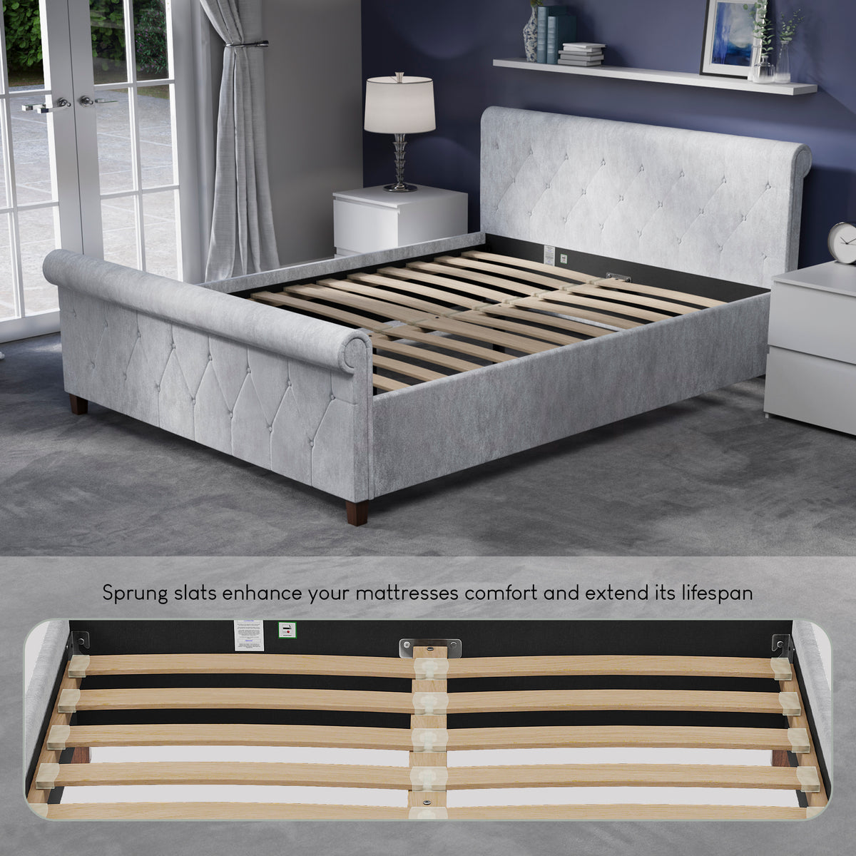 Vittorio King Size Bed, Crushed Velvet Silver