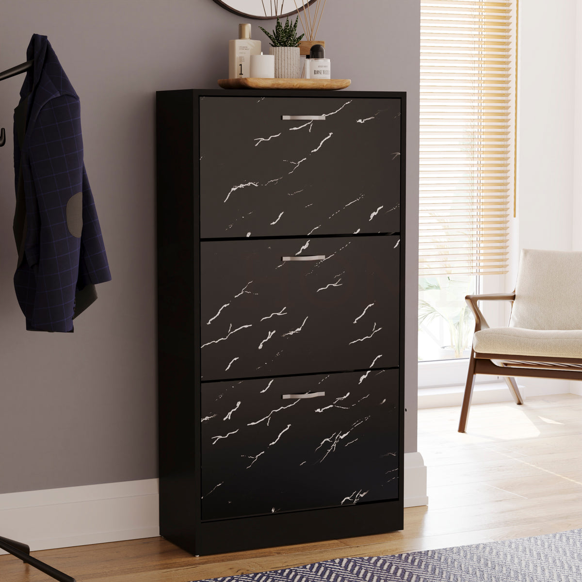 3 Drawer Shoe Cabinet, Black Marble