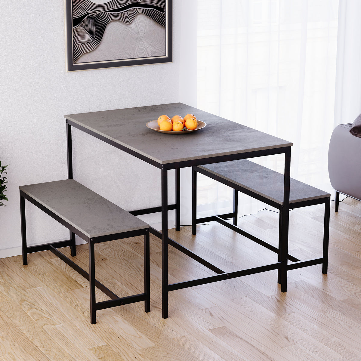 Roslyn 4 Seater Dining Table With Bench Set, Concrete Grey