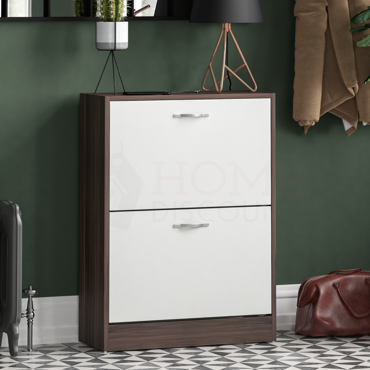 2-Drawer Shoe Cabinet, Walnut & White