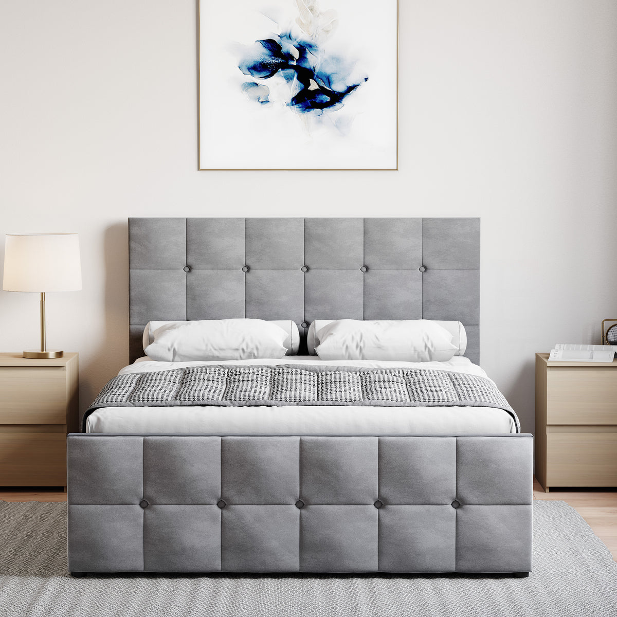 Valentina Double Velvet Ottoman Bed, Light Grey UKFR
