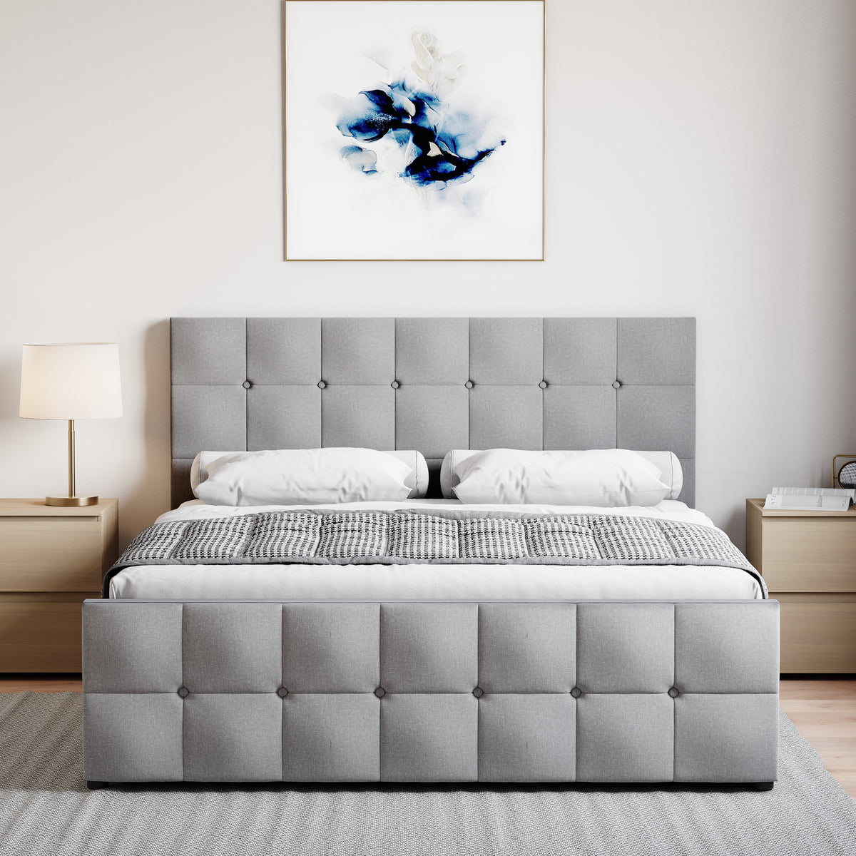 Valentina King Size Linen Ottoman Bed, Light Grey upholstered ottoman bed with lift-up storage